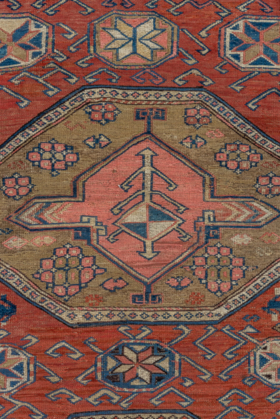 3' x 6' one-of-a-kind handmade antique Sumak small size rug. Color palette: rust, ivory, indigo, camel, charcoal, rose
