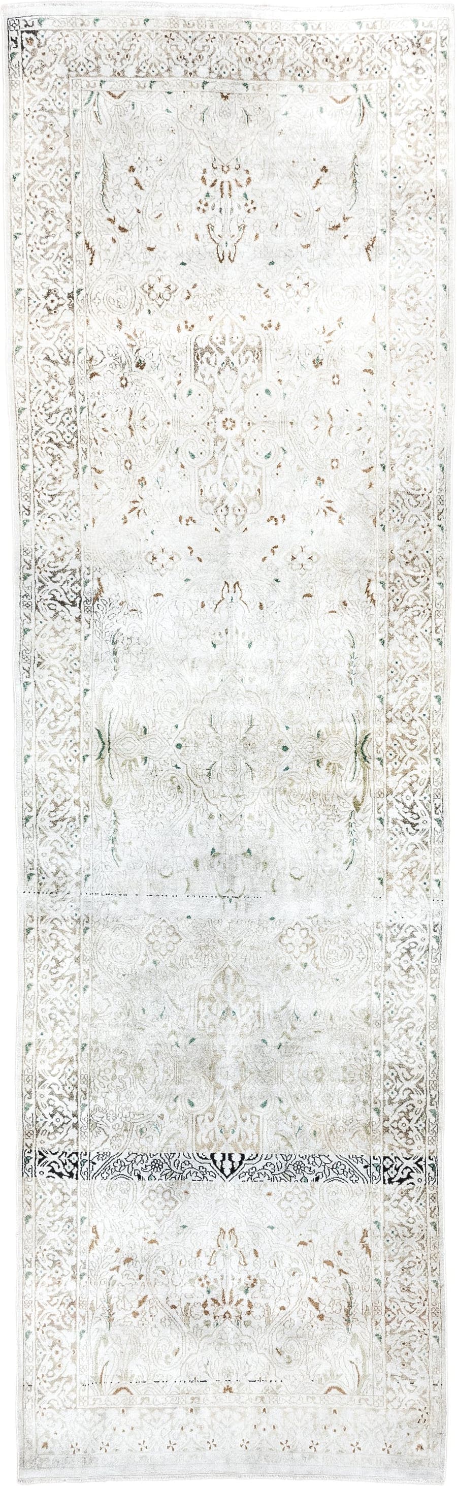 2' x 9' one-of-a-kind handmade vintage Kashmir runner rug. Color palette: ivory, cream, taupe, sage, beige, brown, gray