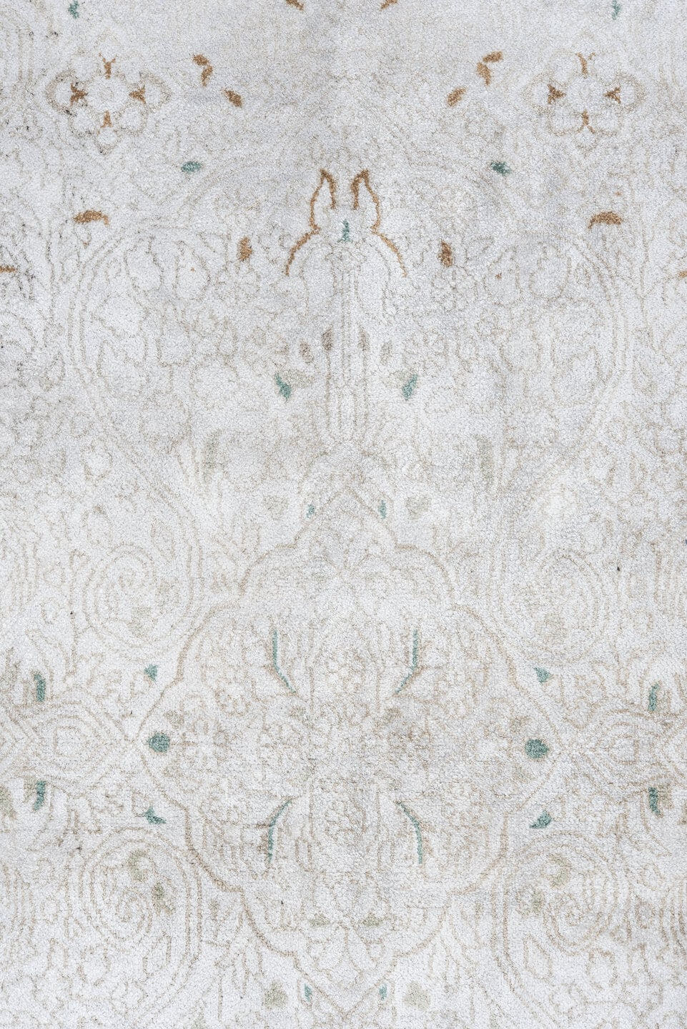2' x 9' one-of-a-kind handmade vintage Kashmir runner rug. Color palette: ivory, cream, taupe, sage, beige, brown, gray