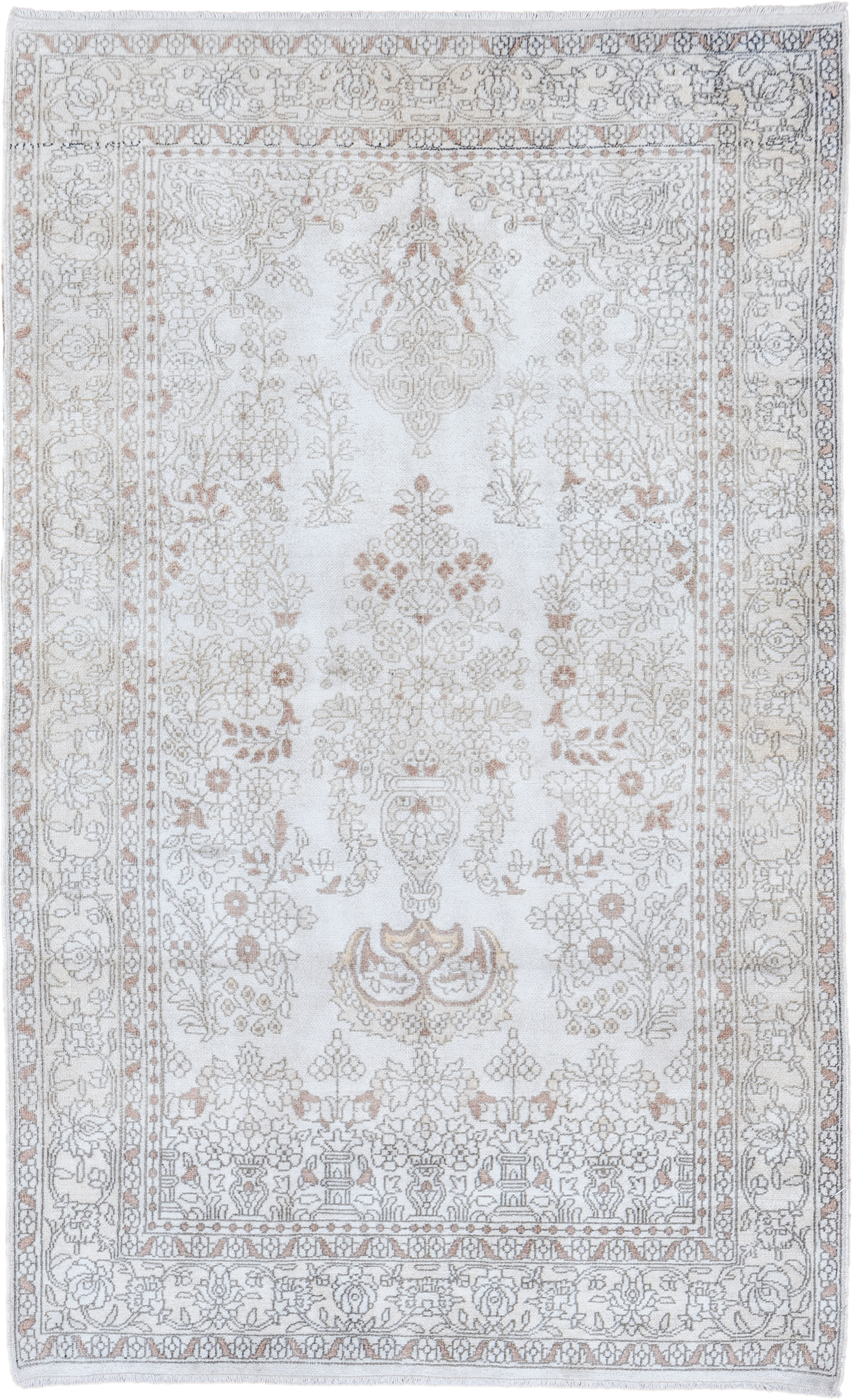 3' x 5' one-of-a-kind handmade antique Kashmir small size rug. Color palette: ivory, taupe, soft rose, beige, camel