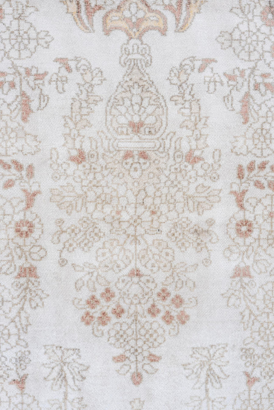 3' x 5' one-of-a-kind handmade antique Kashmir small size rug. Color palette: ivory, taupe, soft rose, beige, camel