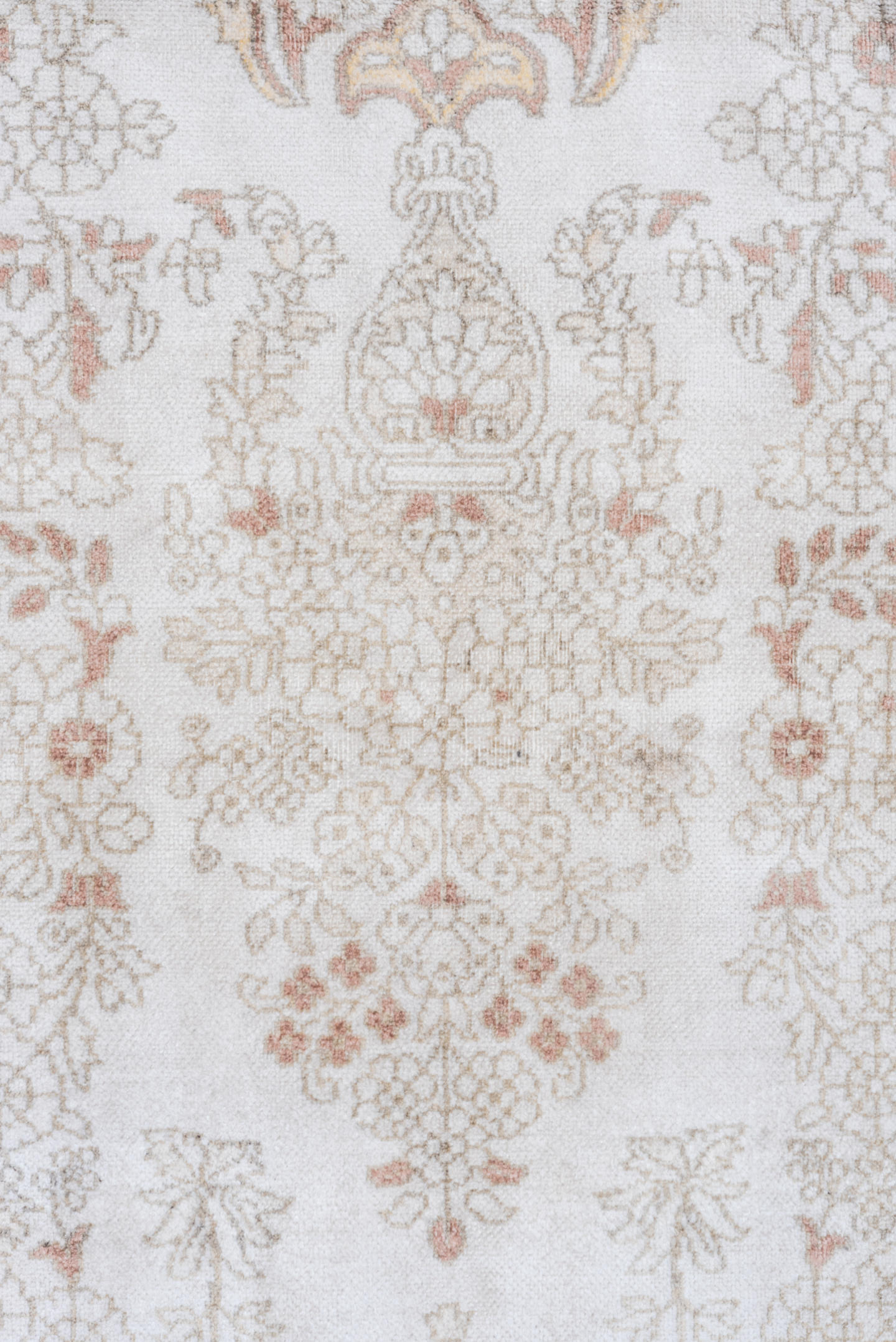 3' x 5' one-of-a-kind handmade antique Kashmir small size rug. Color palette: ivory, taupe, soft rose, beige, camel