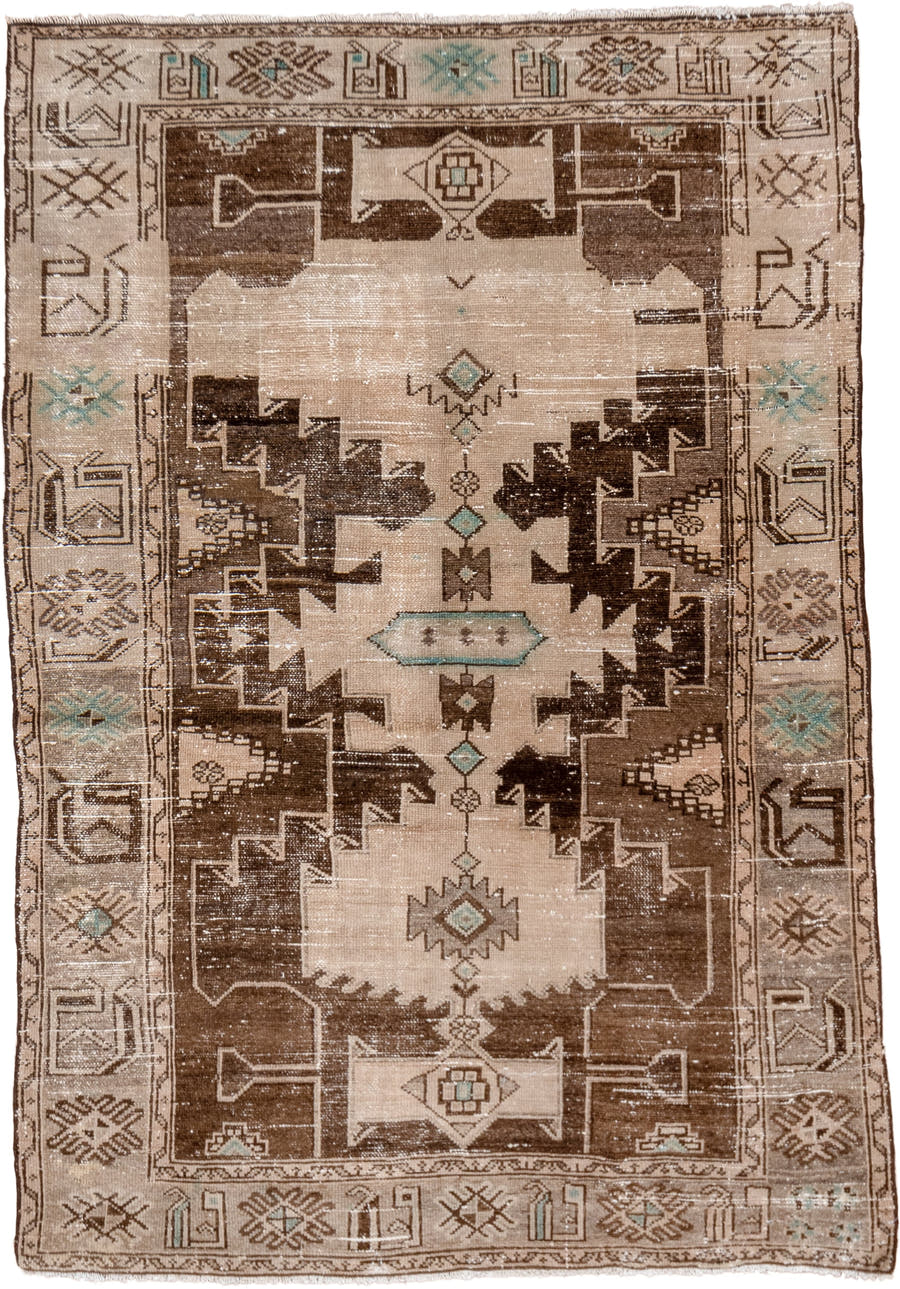 4' x 6' one-of-a-kind handmade antique Hamadan small size rug. Color palette: ivory, brown, taupe, aqua, beige, gray, teal