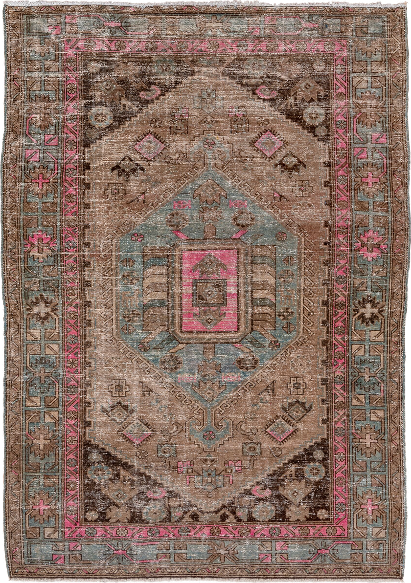 4' x 6' one-of-a-kind handmade antique Hamadan small size rug. Color palette: taupe, brown, sky blue, pink, charcoal, ivory