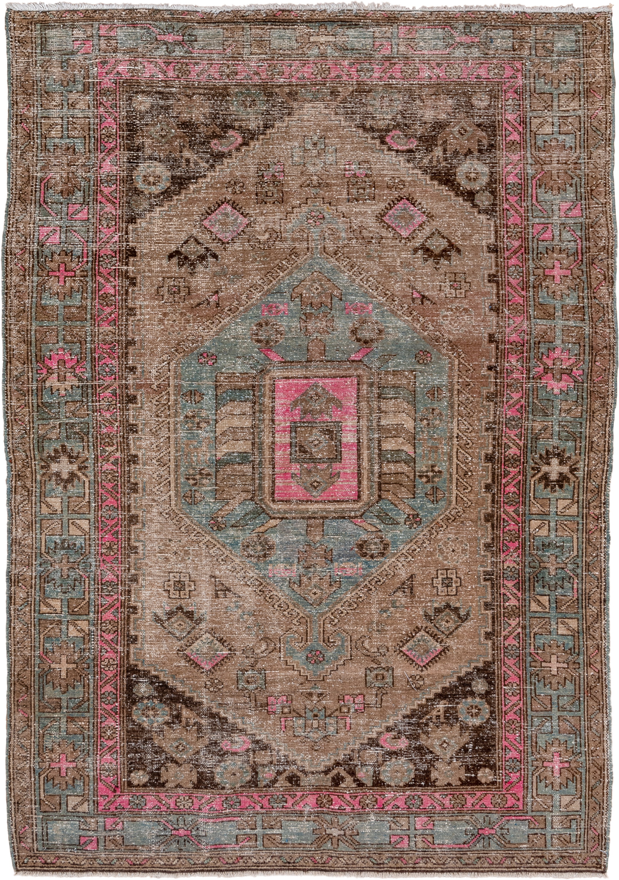 4' x 6' one-of-a-kind handmade antique Hamadan small size rug. Color palette: taupe, brown, sky blue, pink, charcoal, ivory