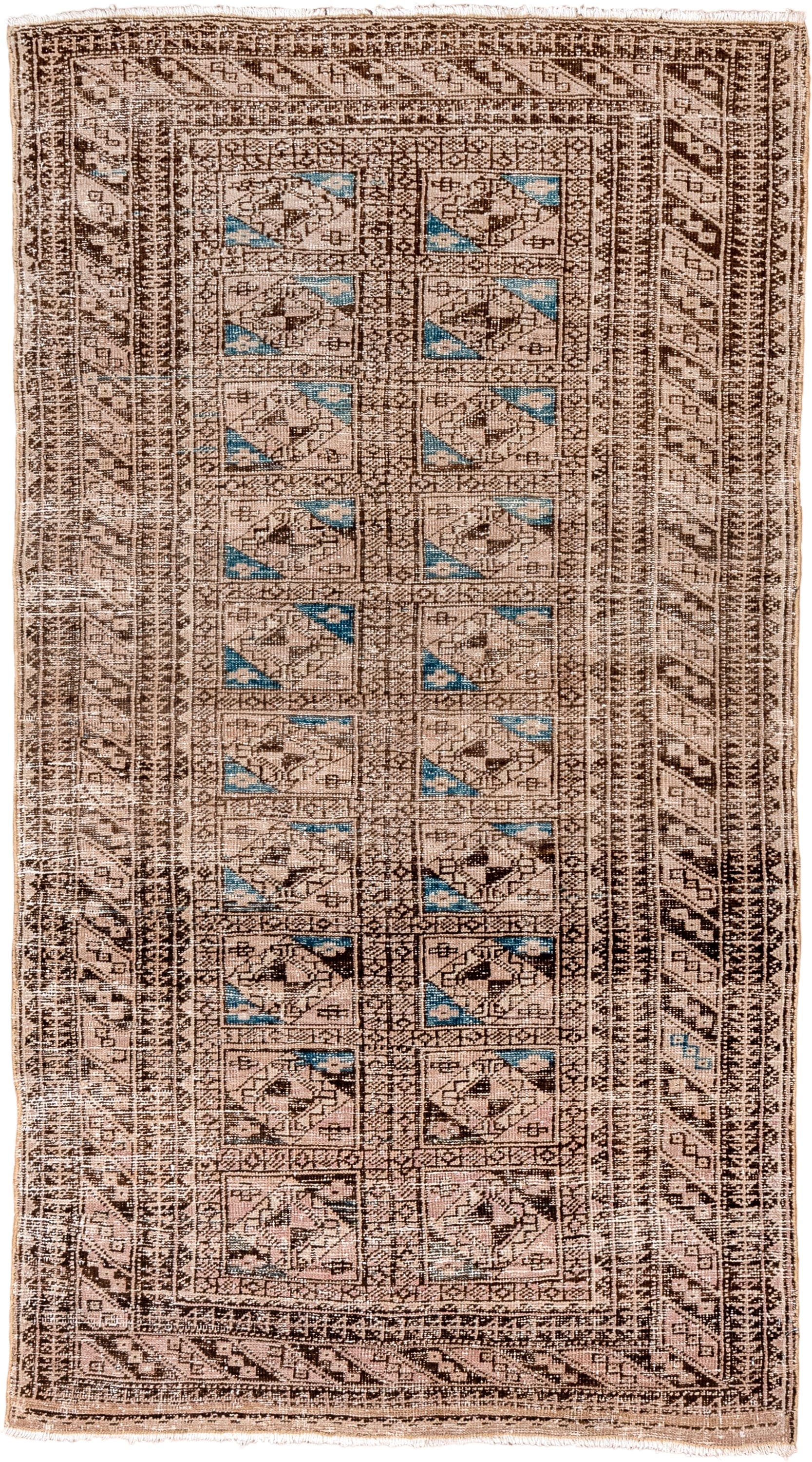 3' x 5' one-of-a-kind handmade antique Belouch small size rug. Color palette: camel, ivory, brown, sky_blue, taupe, beige