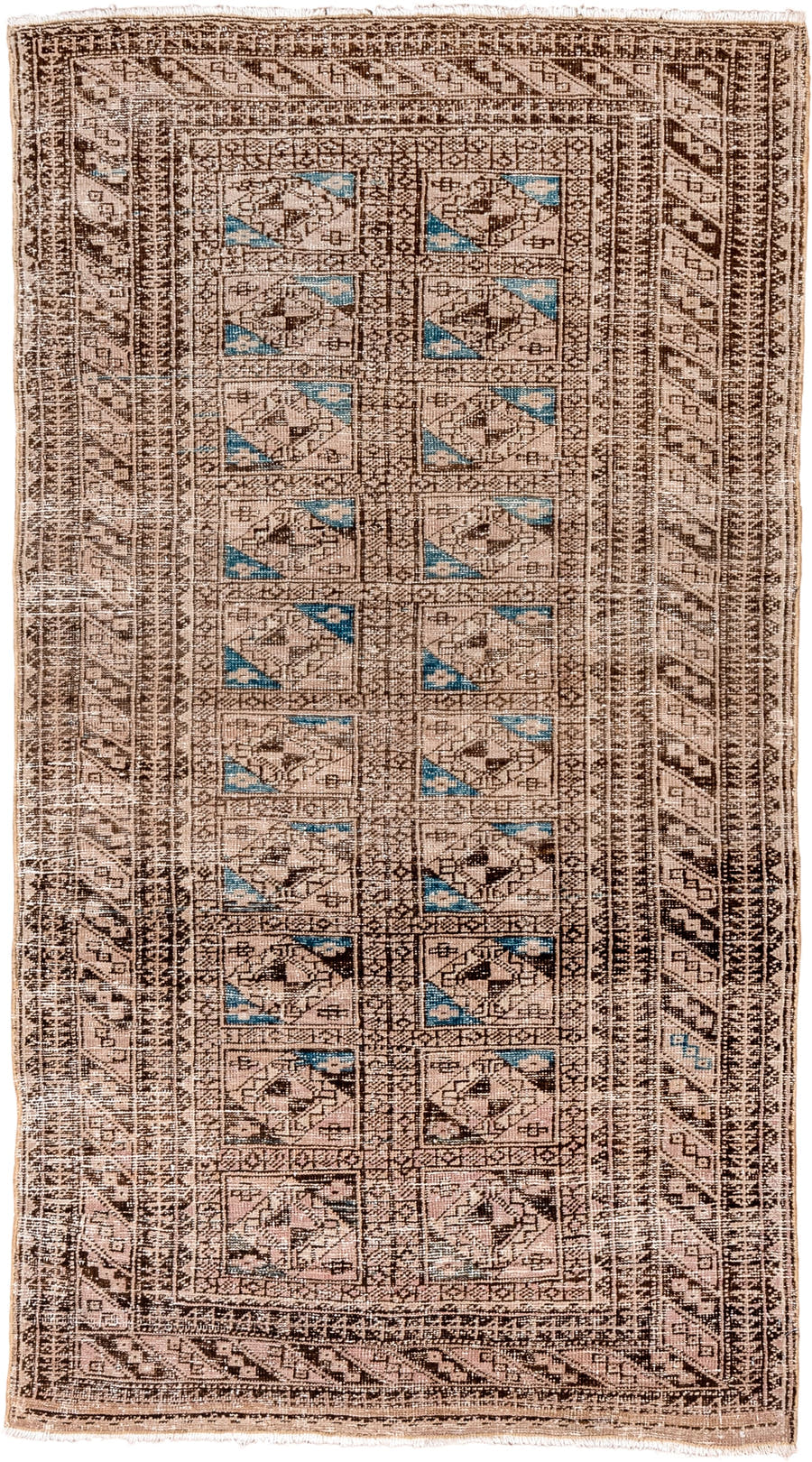 3' x 5' one-of-a-kind handmade antique Belouch small size rug. Color palette: camel, ivory, brown, sky_blue, taupe, beige