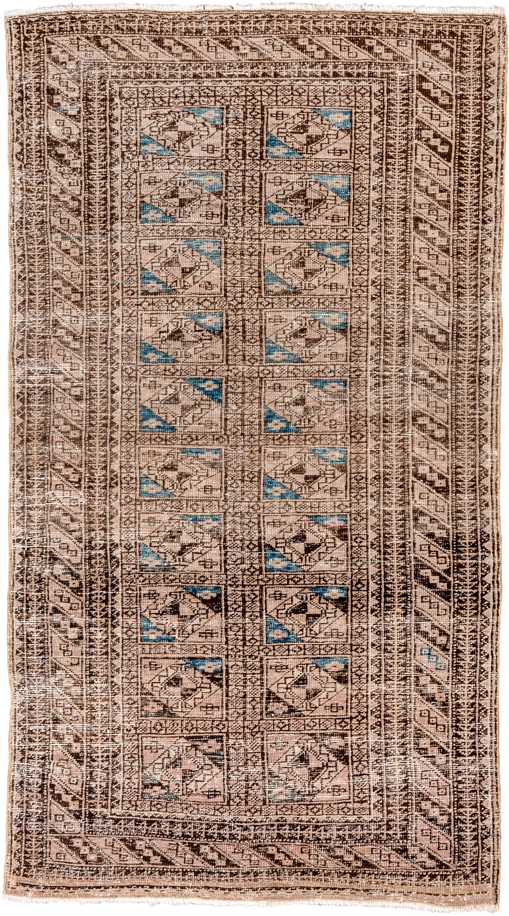 3' x 5' one-of-a-kind handmade antique Belouch small size rug. Color palette: camel, ivory, brown, sky_blue, taupe, beige