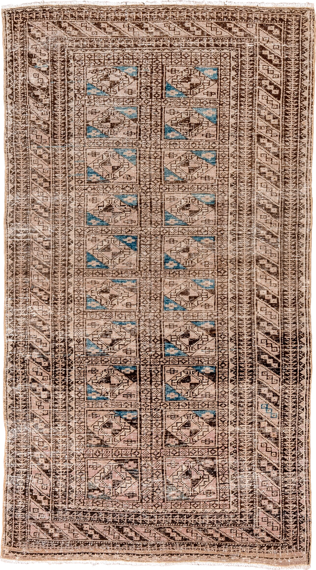 3' x 5' one-of-a-kind handmade vintage Belouch small size rug. Color palette: black, blue, brown, gray, off-white, orange