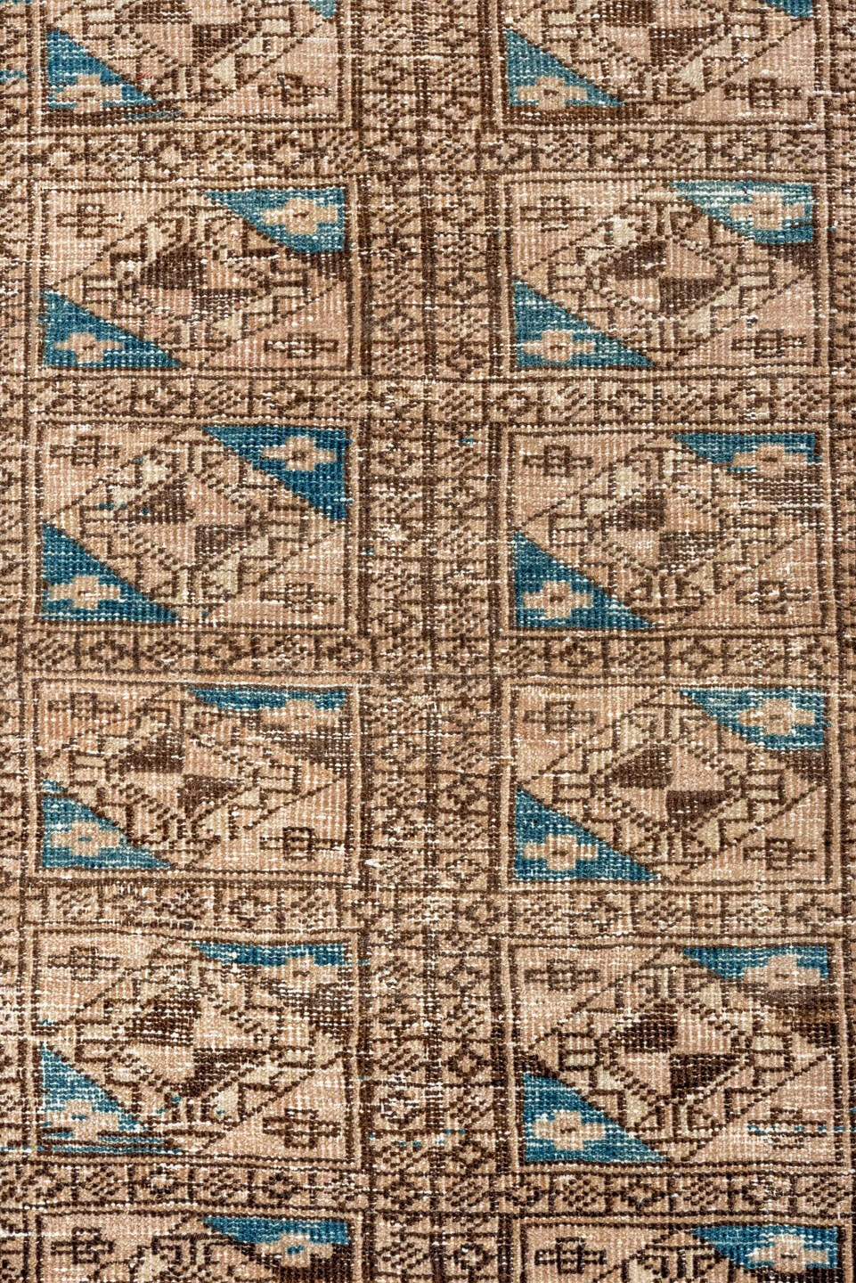 3' x 5' one-of-a-kind handmade antique Belouch small size rug. Color palette: camel, ivory, brown, sky_blue, taupe, beige