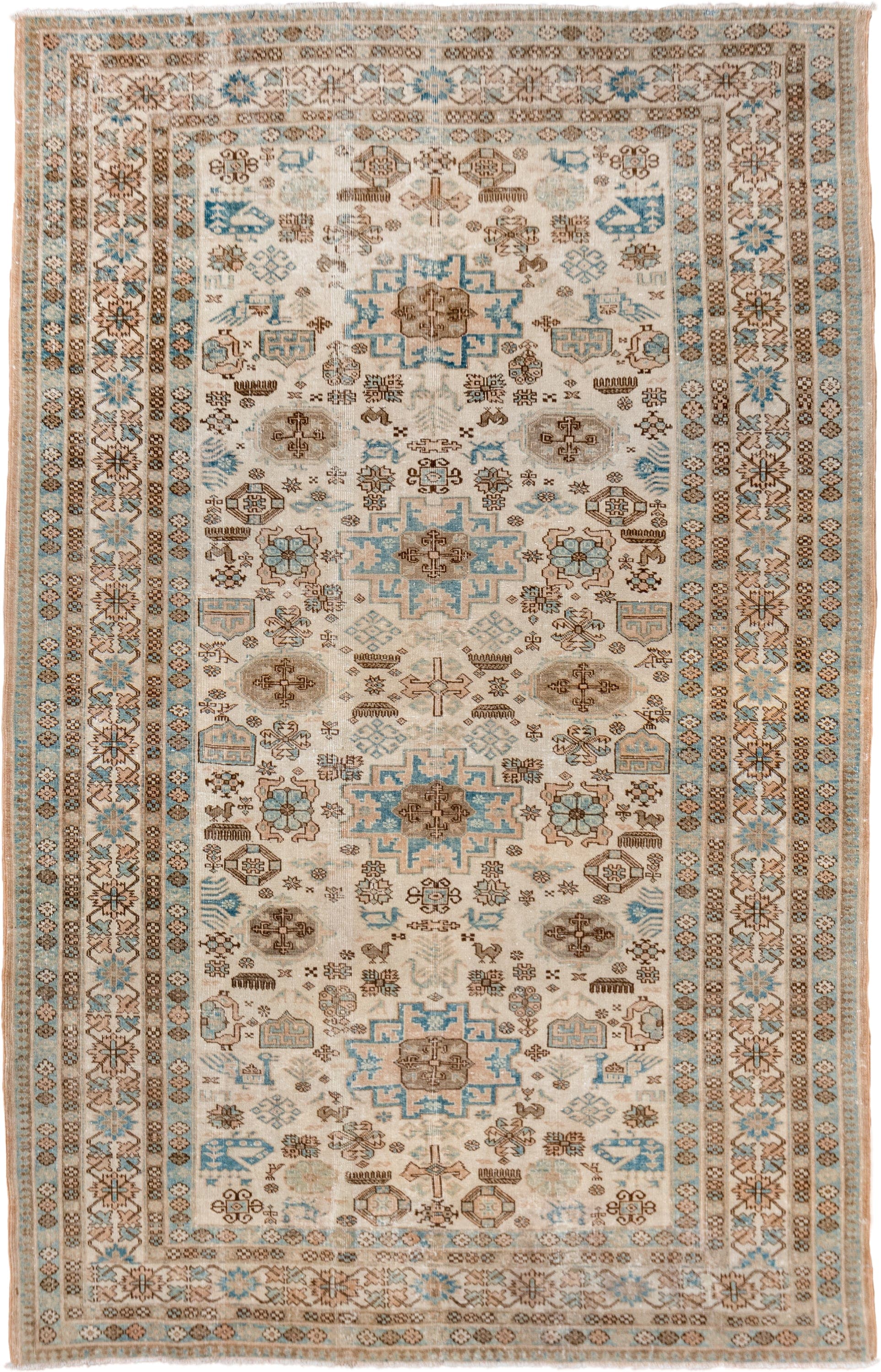 5' x 8' one-of-a-kind handmade antique Ardebil medium size rug. Color palette: ivory, sky blue, taupe, camel, brown, beige