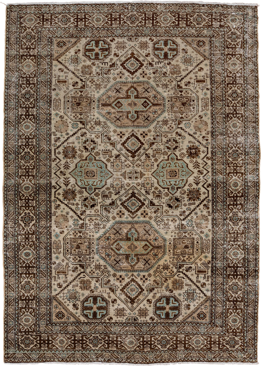 4' x 6' one-of-a-kind handmade vintage Ardebil small size rug. Color palette: ivory, brown, sky_blue, taupe, camel, charcoal