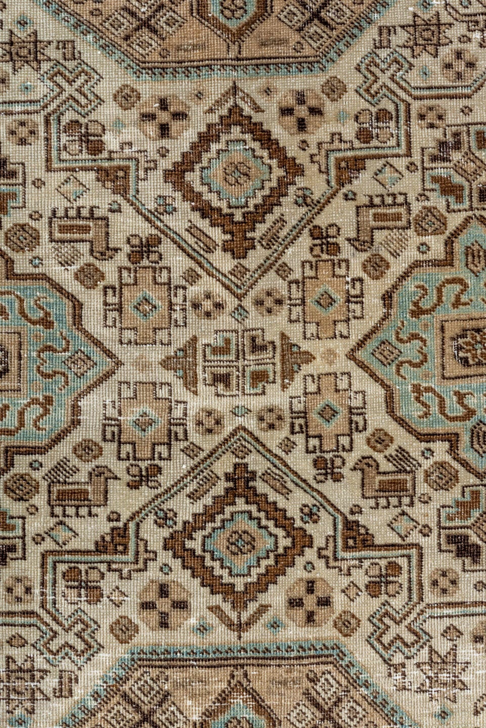 4' x 6' one-of-a-kind handmade vintage Ardebil small size rug. Color palette: ivory, brown, sky_blue, taupe, camel, charcoal