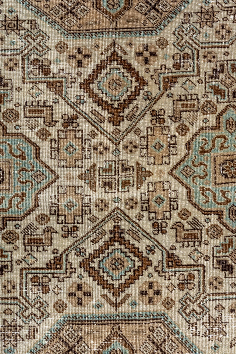 4' x 6' one-of-a-kind handmade vintage Ardebil small size rug. Color palette: ivory, brown, sky_blue, taupe, camel, charcoal