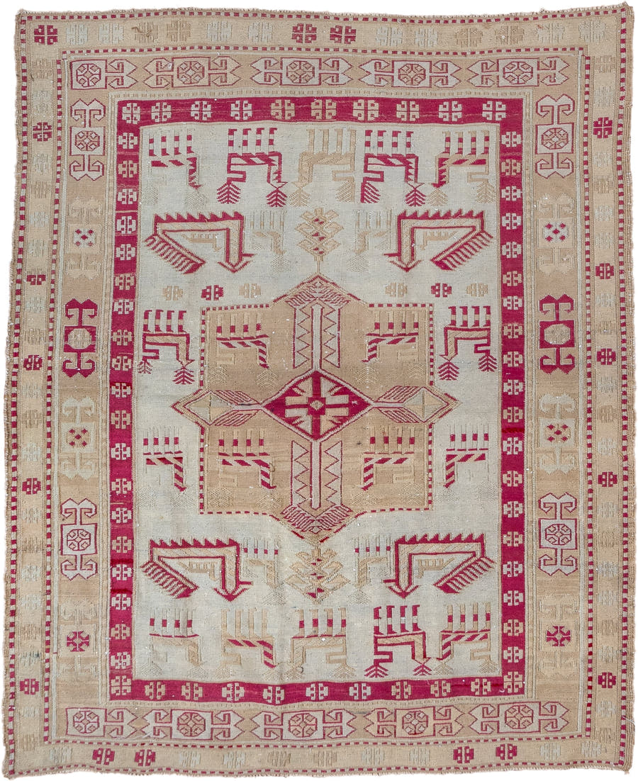 3' x 4' one-of-a-kind handmade antique Sumak small size rug. Color palette: ivory, camel, raspberry, beige, rose, red, pink