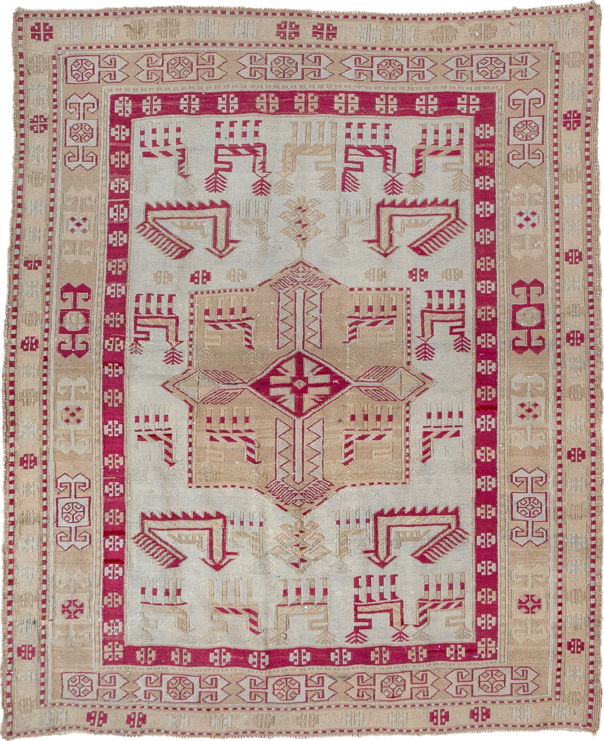 3' x 4' one-of-a-kind handmade antique Sumak small size rug. Color palette: ivory, camel, raspberry, beige, rose, red, pink