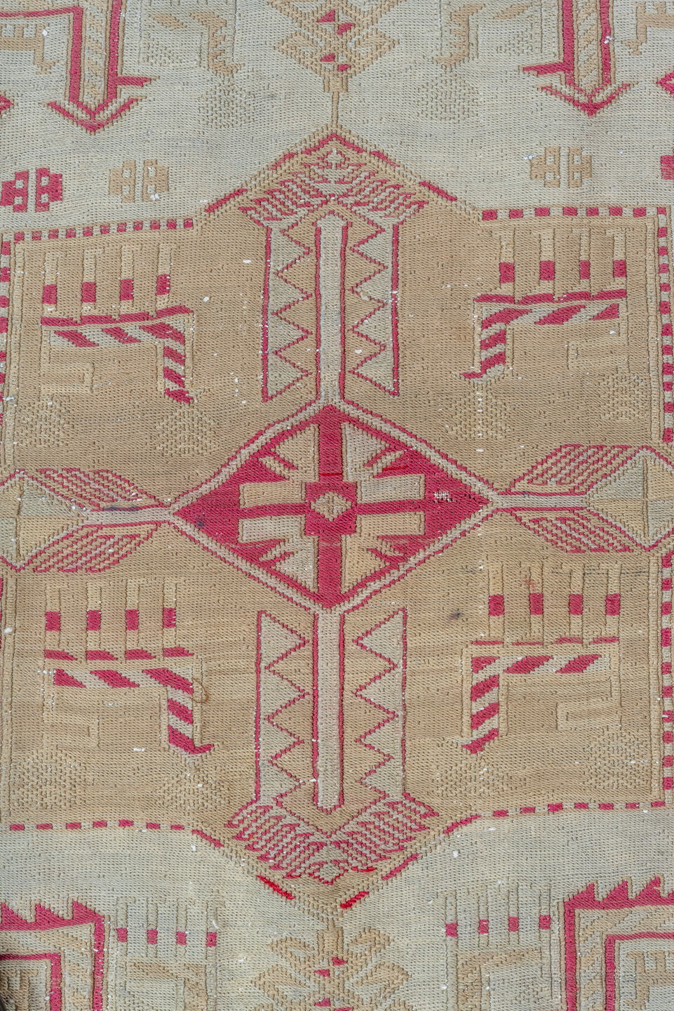 3' x 4' one-of-a-kind handmade antique Sumak small size rug. Color palette: ivory, camel, raspberry, beige, rose, red, pink