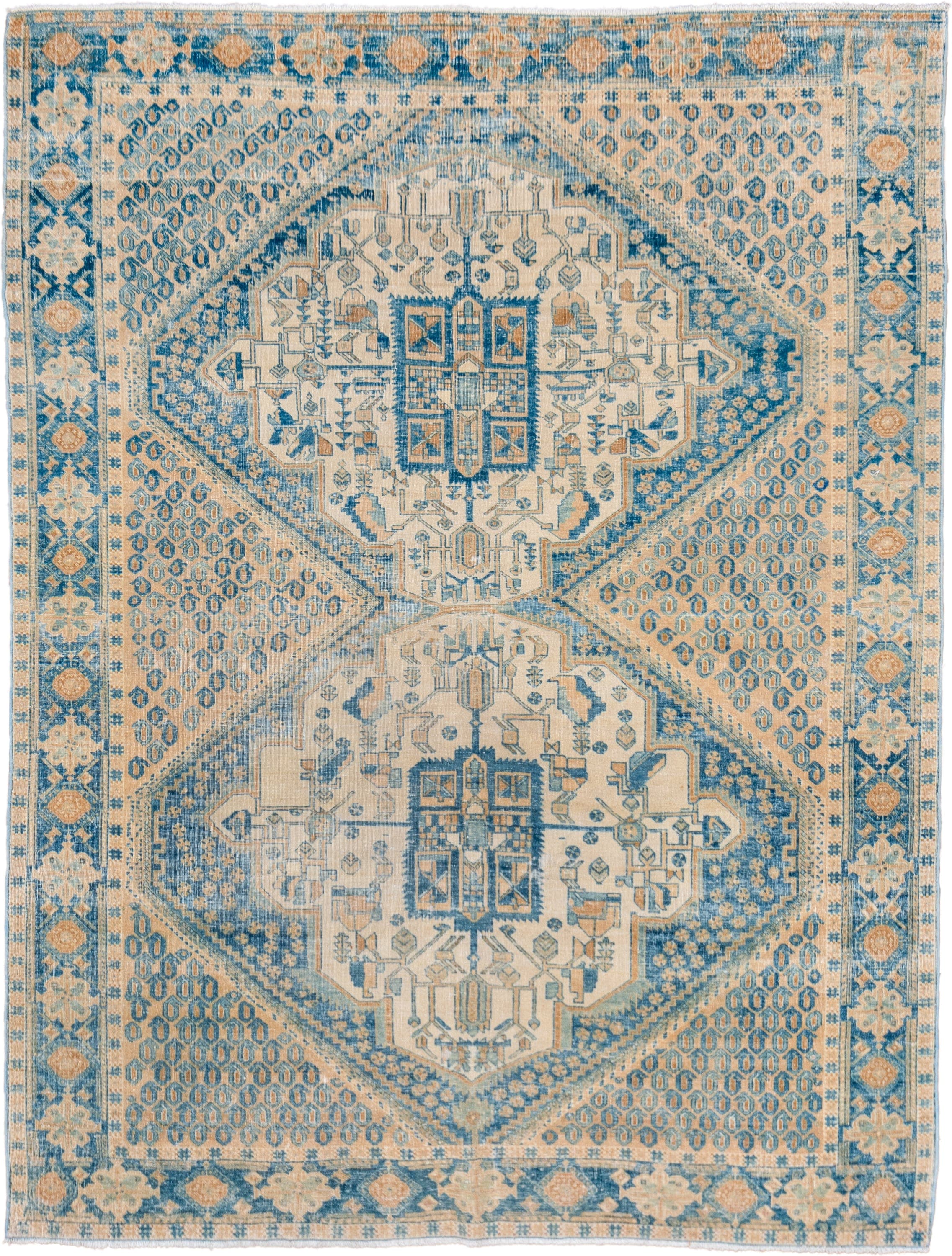 5' x 6' one-of-a-kind handmade antique Afshar rug. Color palette: ivory, sky blue, sand, camel, beige, light blue