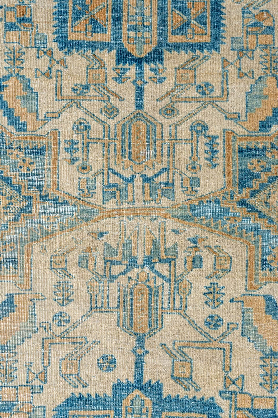 5' x 6' one-of-a-kind handmade antique Afshar rug. Color palette: ivory, sky blue, sand, camel, beige, light blue