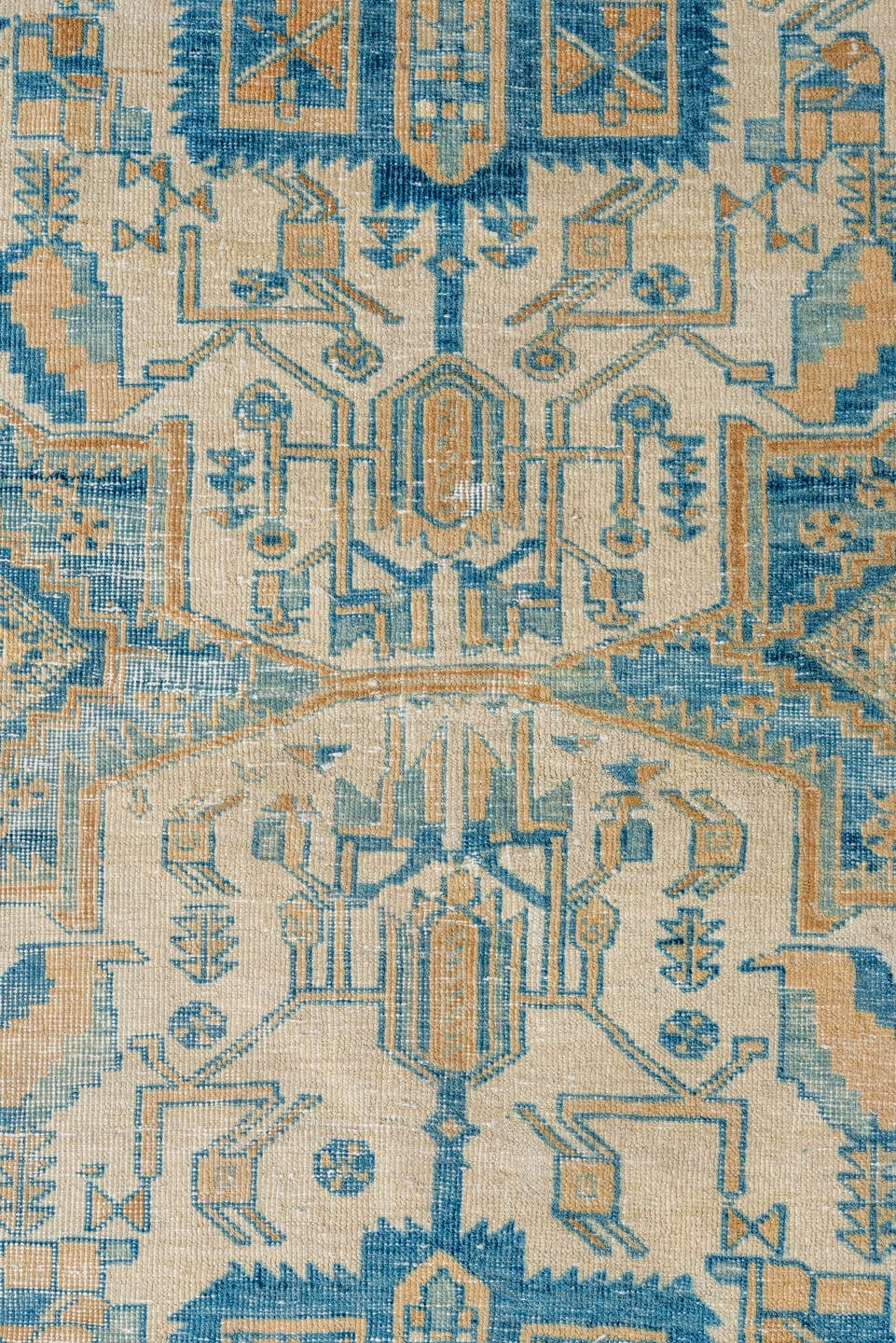 5' x 6' one-of-a-kind handmade antique Afshar rug. Color palette: ivory, sky blue, sand, camel, beige, light blue