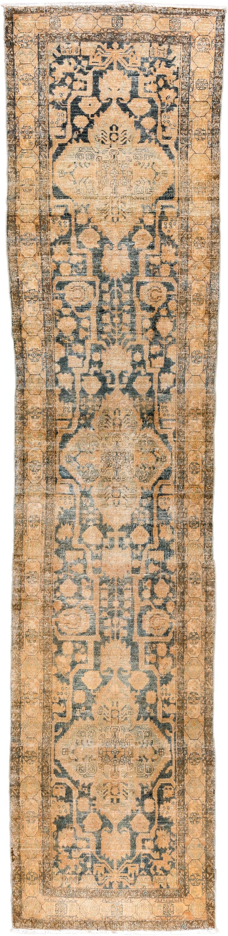 3' x 15' one-of-a-kind handmade antique Malayer runner rug. Color palette: camel, ivory, slate, taupe, beige, charcoal, gray