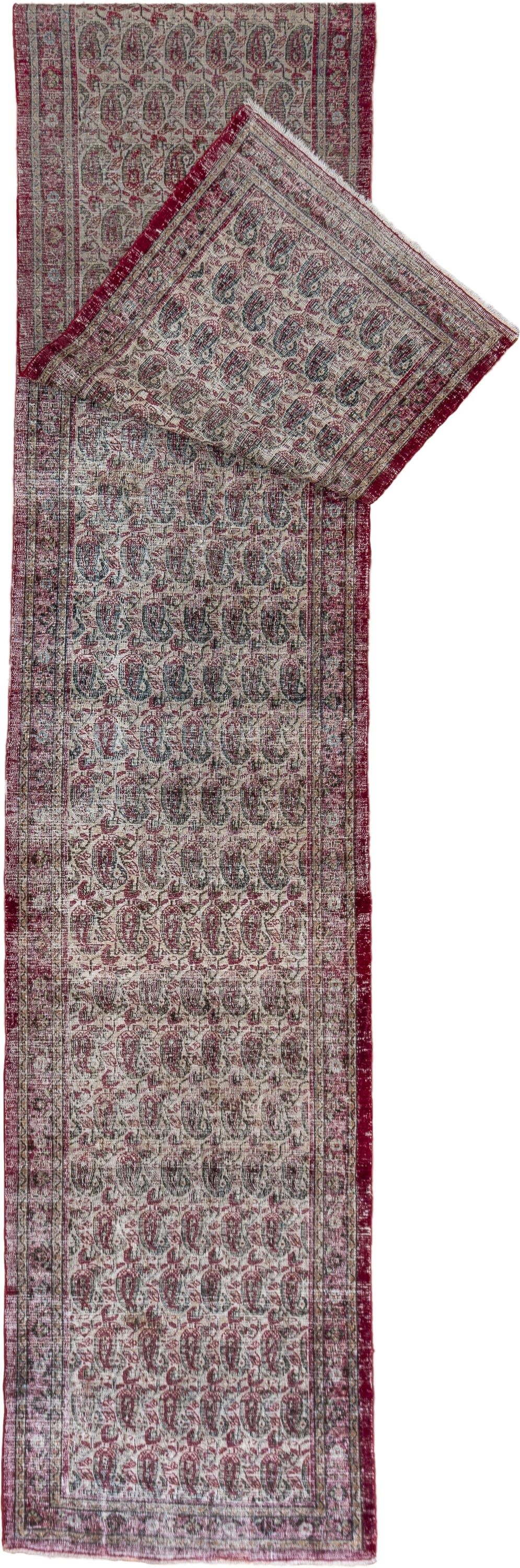3' x 19' one-of-a-kind handmade antique Khorassan runner rug. Color palette: ivory, rose, burgundy, slate, taupe, sage, pink