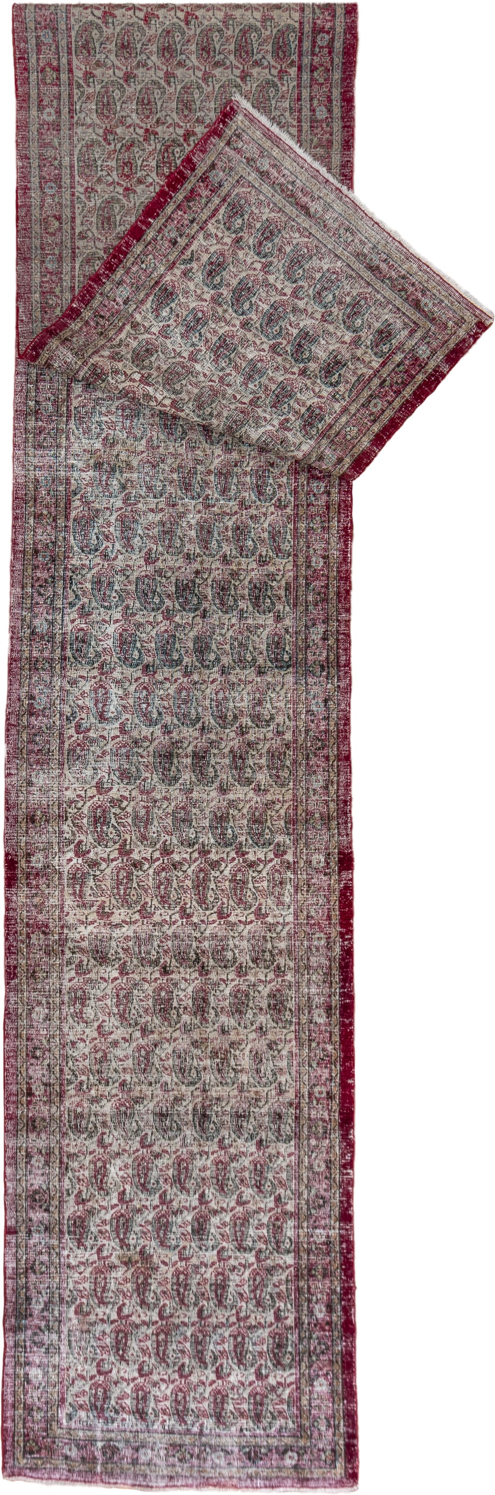 3' x 19' one-of-a-kind handmade antique Khorassan runner rug. Color palette: ivory, rose, burgundy, slate, taupe, sage, pink
