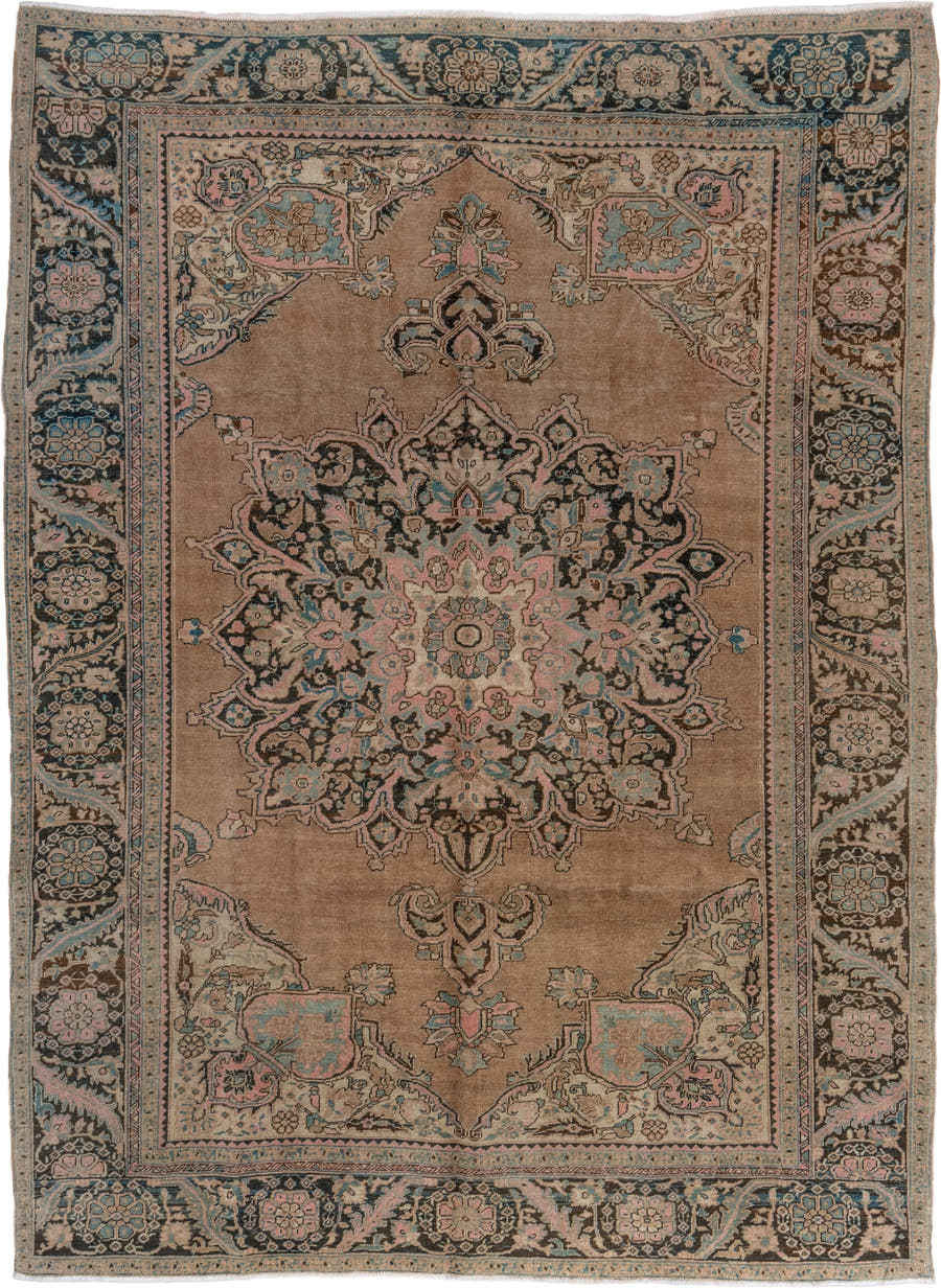 9' x 11' one-of-a-kind handmade antique Heriz large size rug. Color palette: camel, charcoal, ivory, pale blue, blush, taupe