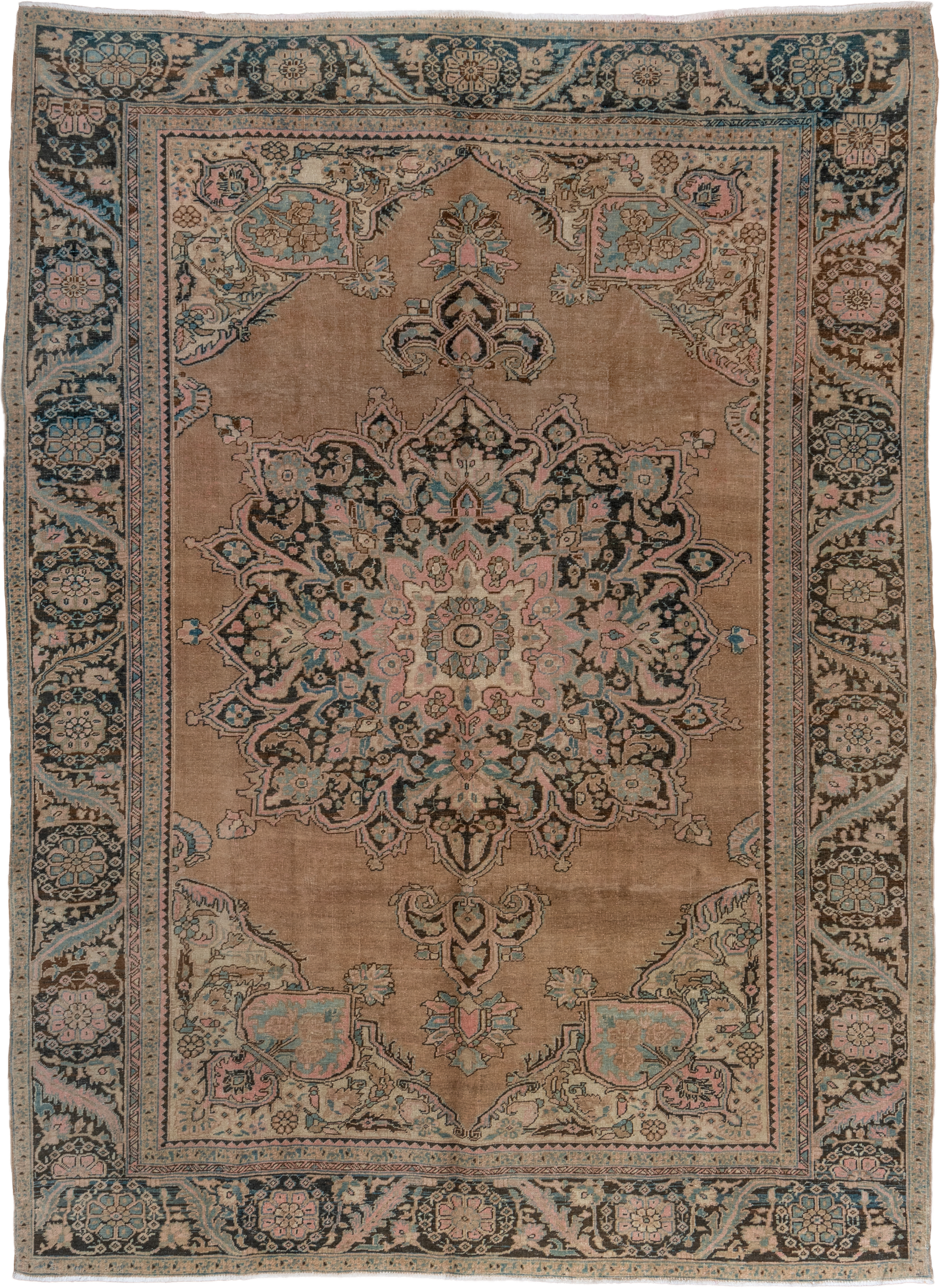 9' x 11' one-of-a-kind handmade antique Heriz large size rug. Color palette: camel, charcoal, ivory, pale blue, blush, taupe