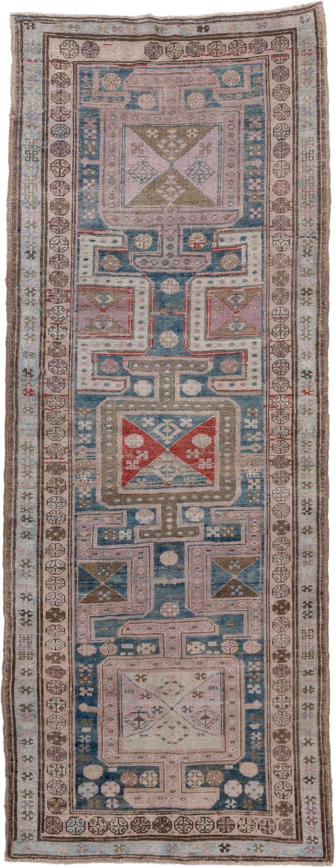 3' x 9' one-of-a-kind handmade antique Caucasian runner rug. Color palette: sky blue, ivory, taupe, brown, rust, rose, slate