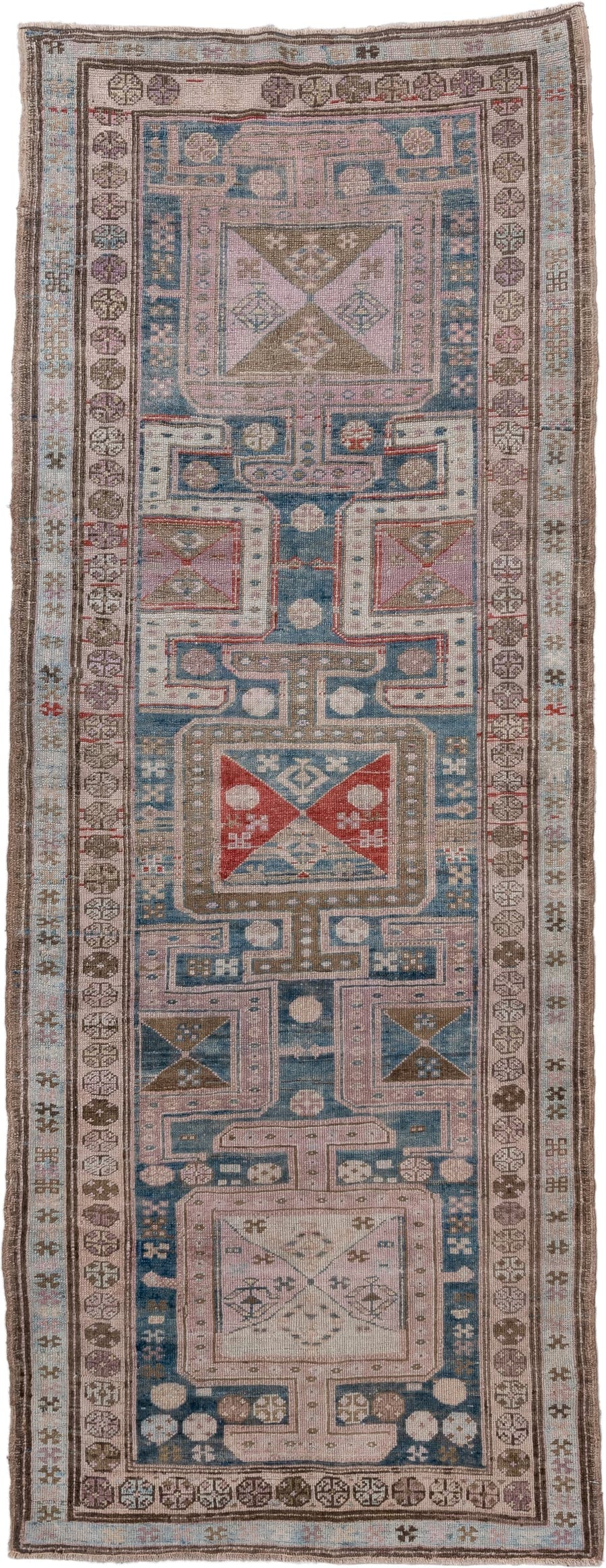 3' x 9' one-of-a-kind handmade antique Caucasian runner rug. Color palette: sky blue, ivory, taupe, brown, rust, rose, slate