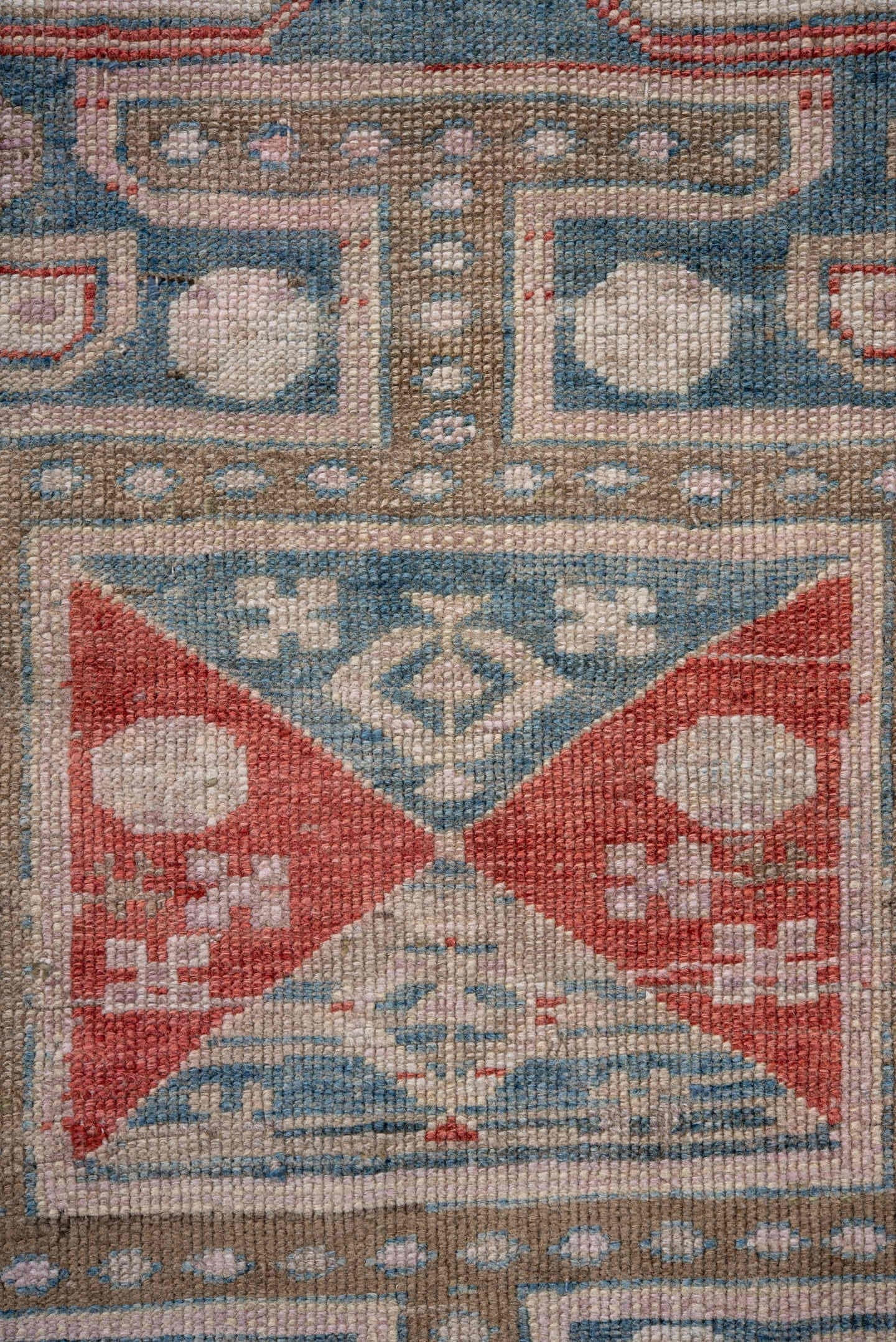 3' x 9' one-of-a-kind handmade antique Caucasian runner rug. Color palette: sky blue, ivory, taupe, brown, rust, rose, slate