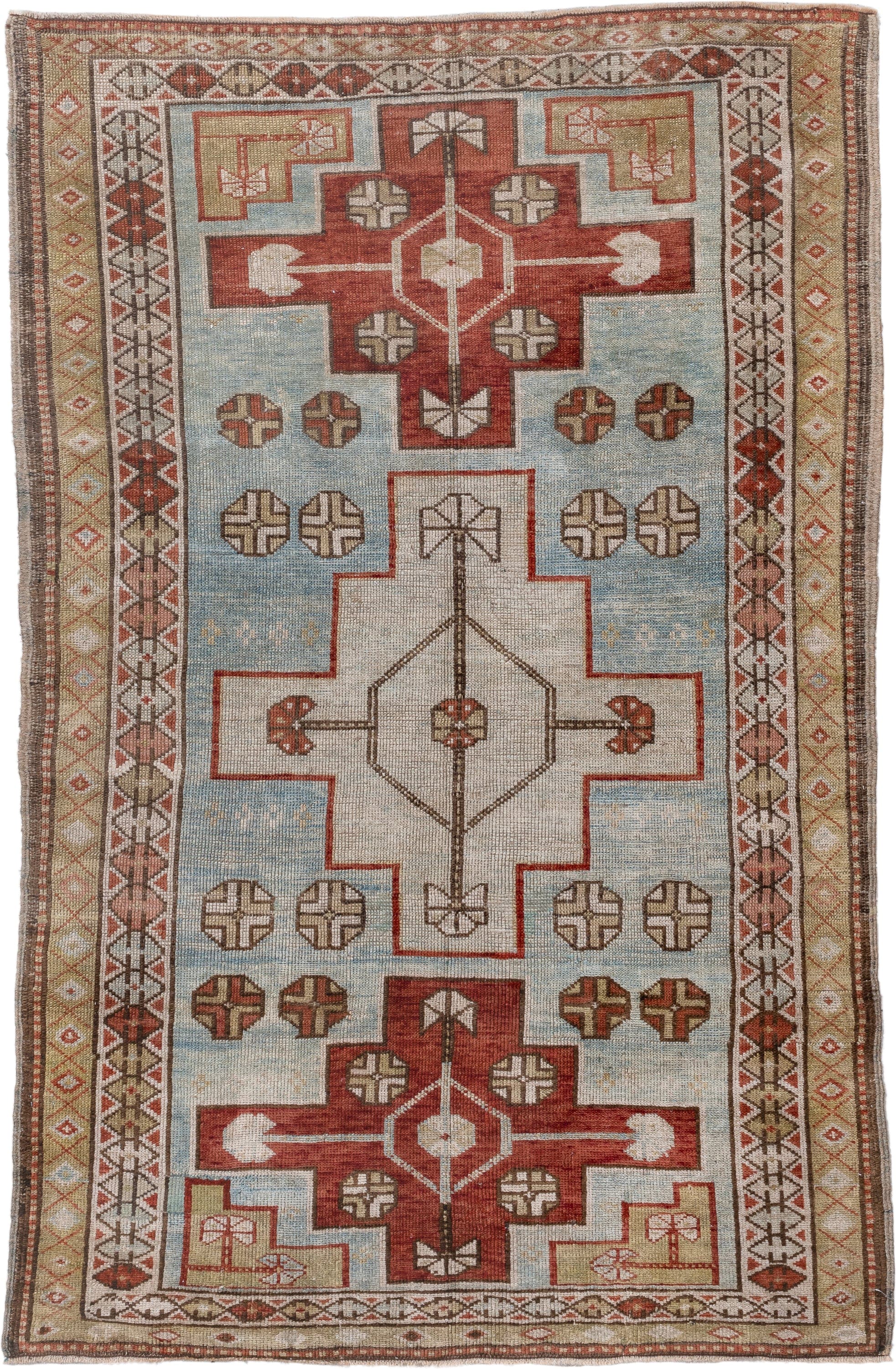 3' x 4' one-of-a-kind handmade antique Shirvan small size rug. Color palette: light blue, ivory, rust, camel, brown