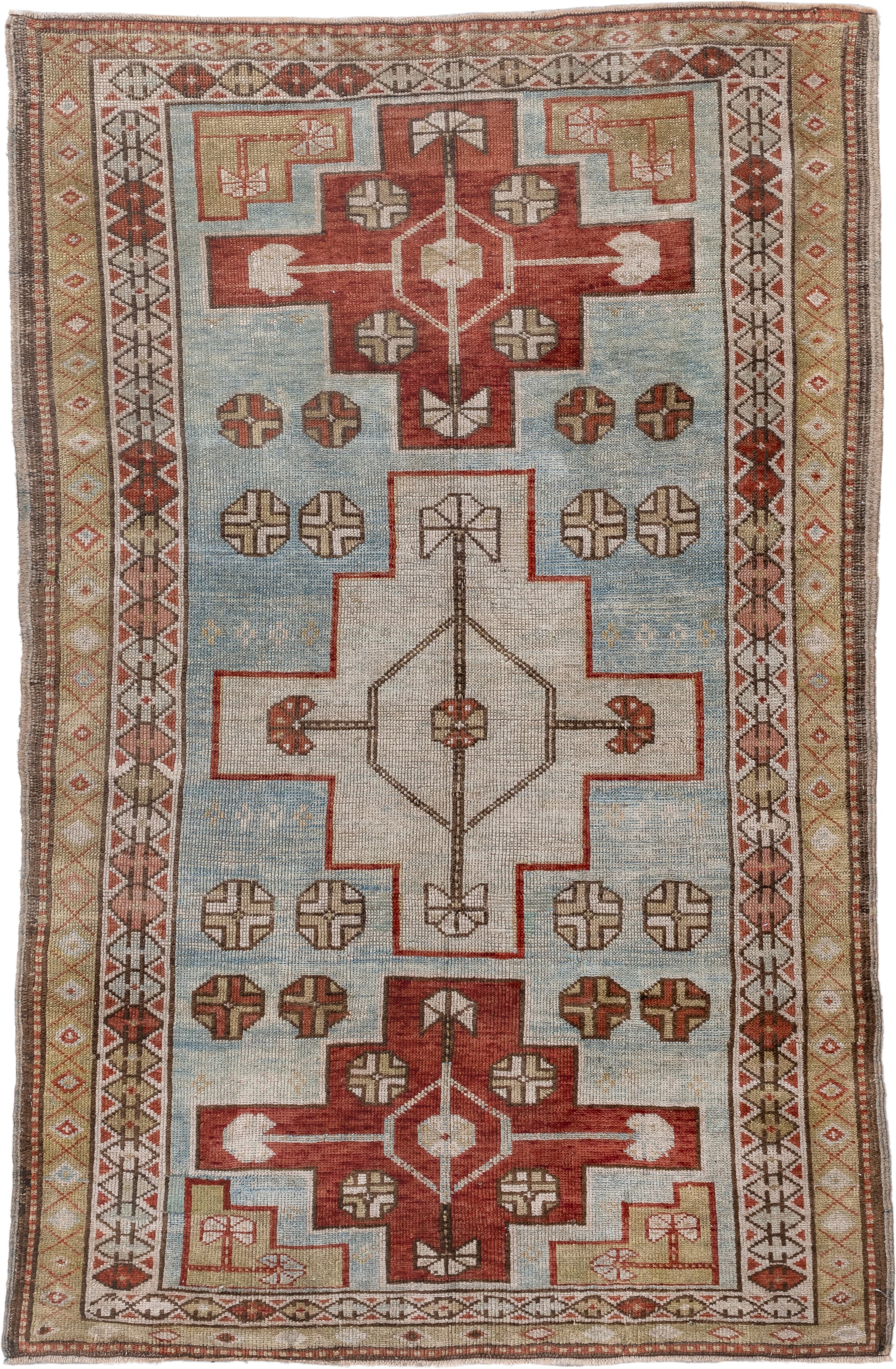 3' x 4' one-of-a-kind handmade antique Shirvan small size rug. Color palette: light blue, ivory, rust, camel, brown