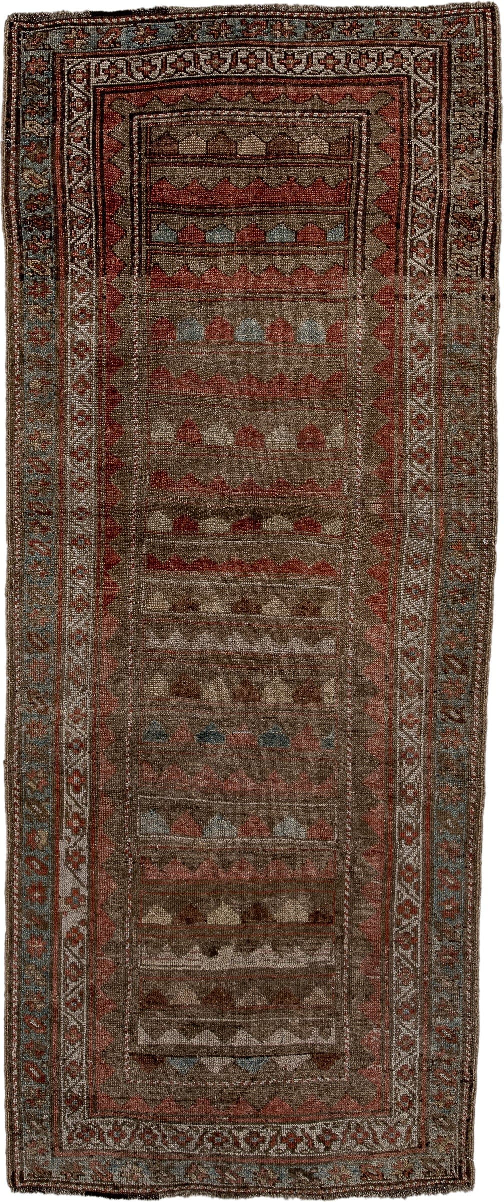 3' x 8' one-of-a-kind handmade vintage Caucasian runner rug. Color palette: taupe, rust, ivory, soft blue, brown, terracotta