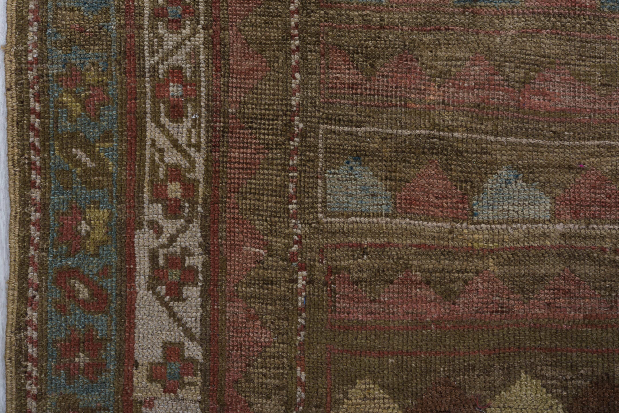 3' x 8' one-of-a-kind handmade vintage Caucasian runner rug. Color palette: taupe, rust, ivory, soft blue, brown, terracotta