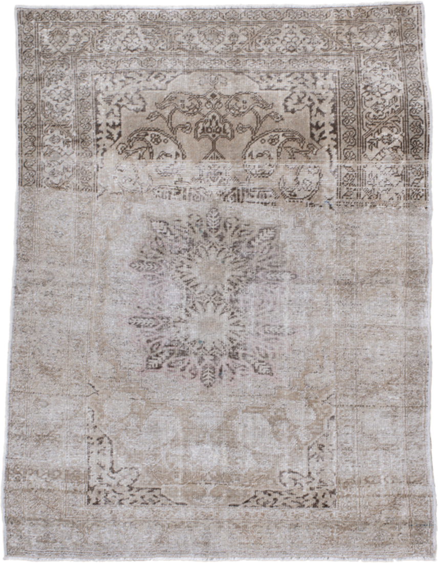 3' x 5' one-of-a-kind handmade antique Kaisary small size rug. Color palette: ivory, taupe, beige, brown, soft pink, camel