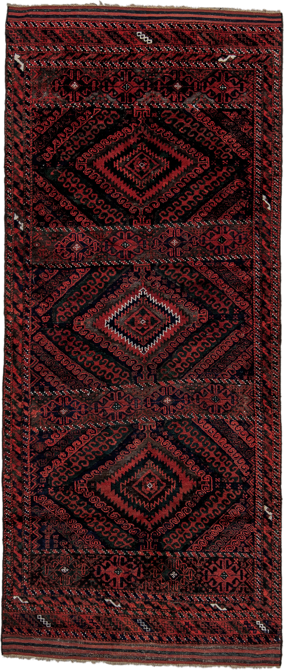 3' x 8' one-of-a-kind handmade vintage Belouch runner rug. Color palette: crimson, black, burgundy, ivory, charcoal, red
