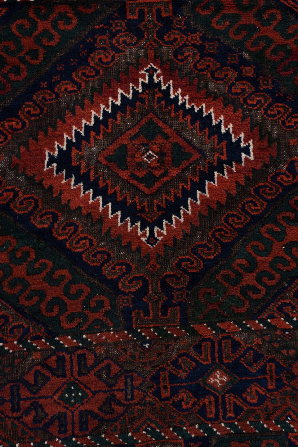 3' x 8' one-of-a-kind handmade vintage Belouch runner rug. Color palette: crimson, black, burgundy, ivory, charcoal, red