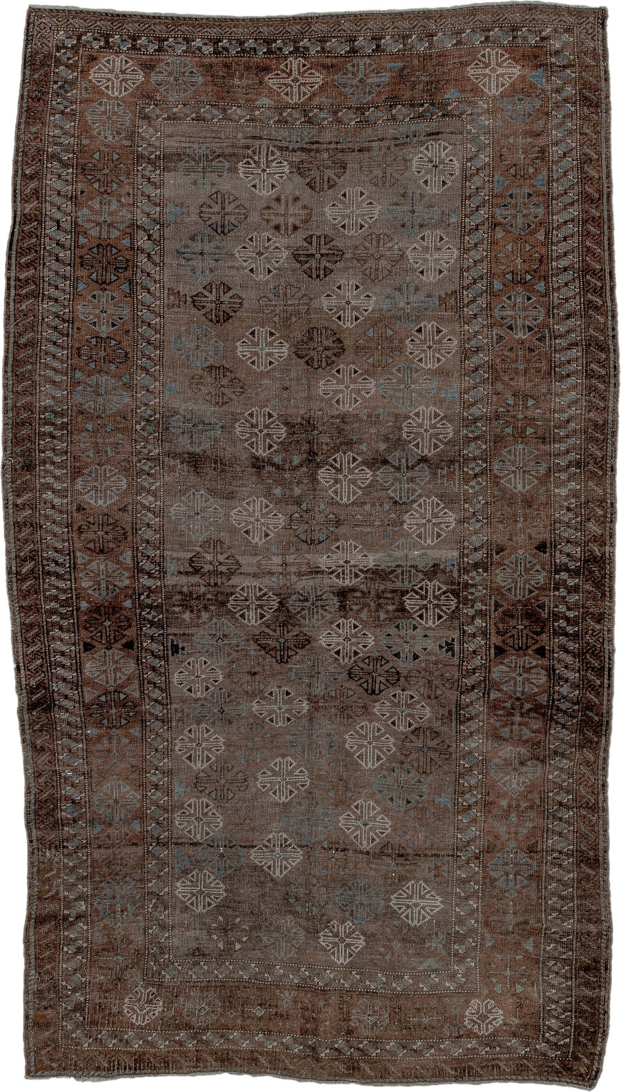 5' x 8' one-of-a-kind handmade vintage Belouch medium size rug. Color palette: brown, taupe, ivory, charcoal, slate, camel