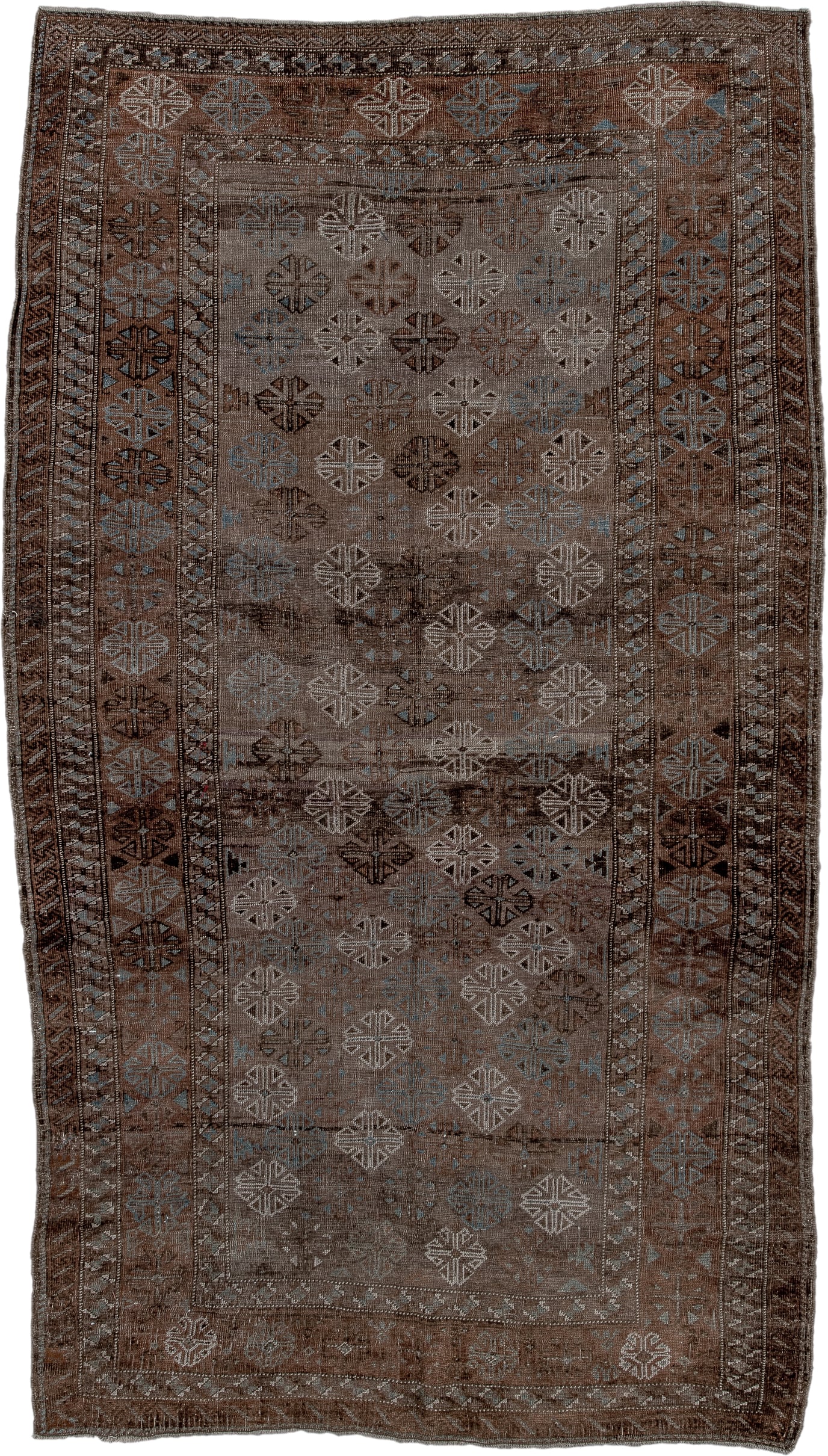 5' x 8' one-of-a-kind handmade vintage Belouch medium size rug. Color palette: brown, taupe, ivory, charcoal, slate, camel