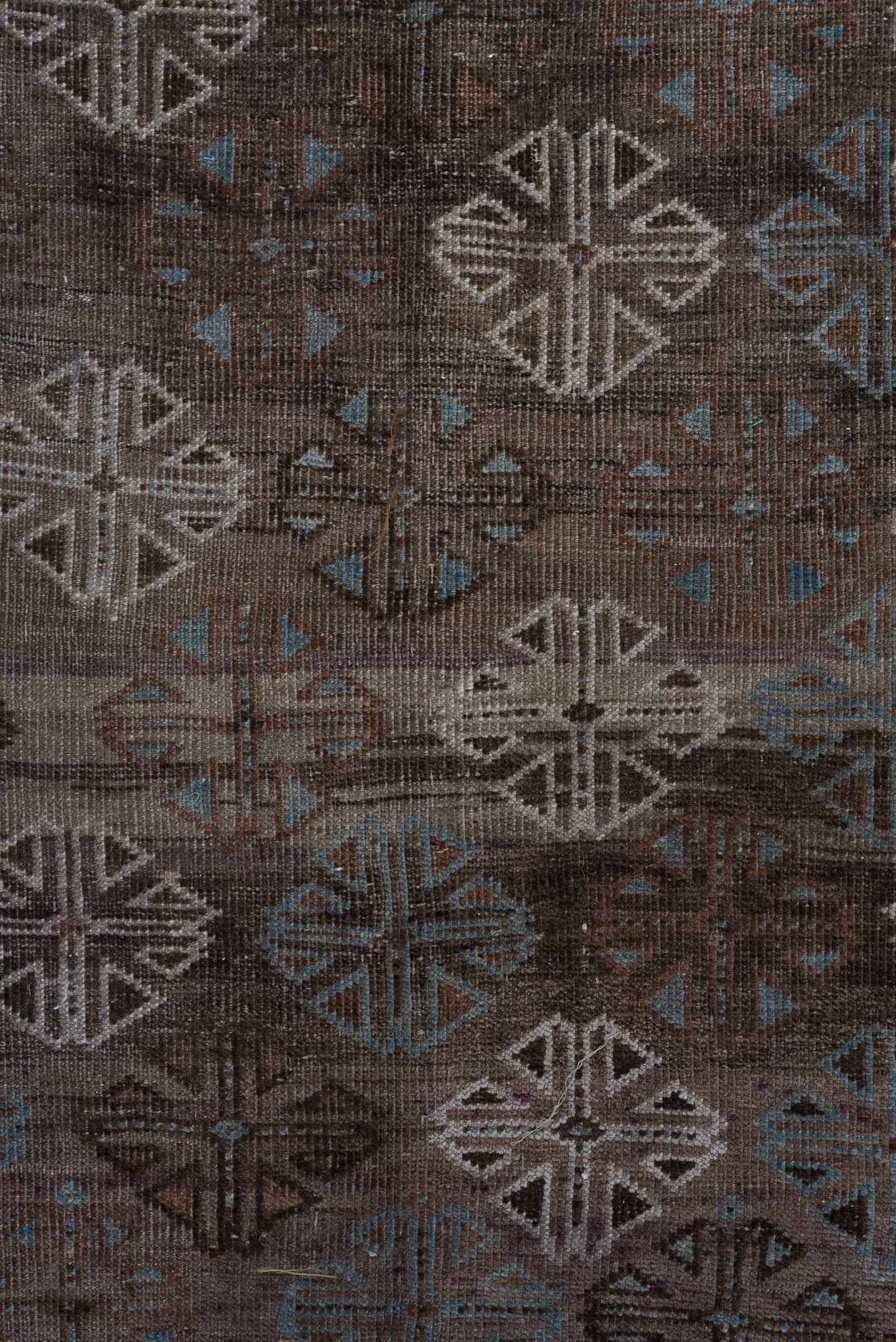 5' x 8' one-of-a-kind handmade vintage Belouch medium size rug. Color palette: brown, taupe, ivory, charcoal, slate, camel