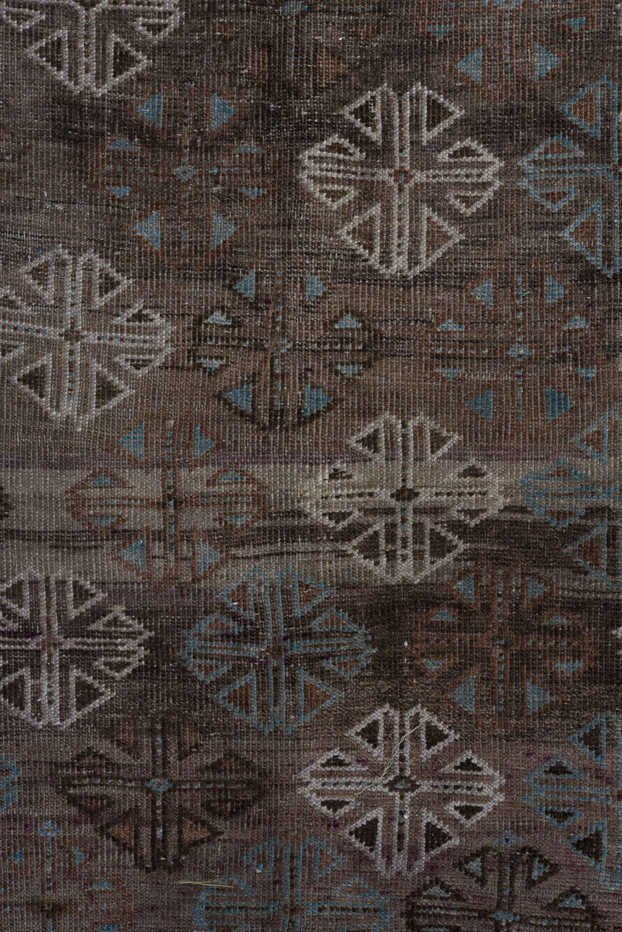 5' x 8' one-of-a-kind handmade vintage Belouch medium size rug. Color palette: brown, taupe, ivory, charcoal, slate, camel