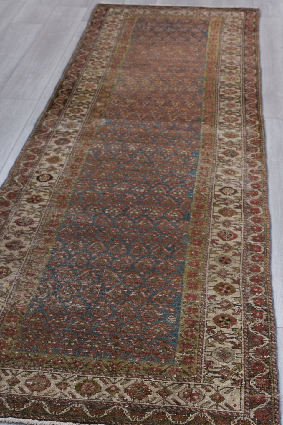 2' x 9' one-of-a-kind handmade vintage Hamadan runner rug. Color palette: black, brown, charcoal, gray, light gray