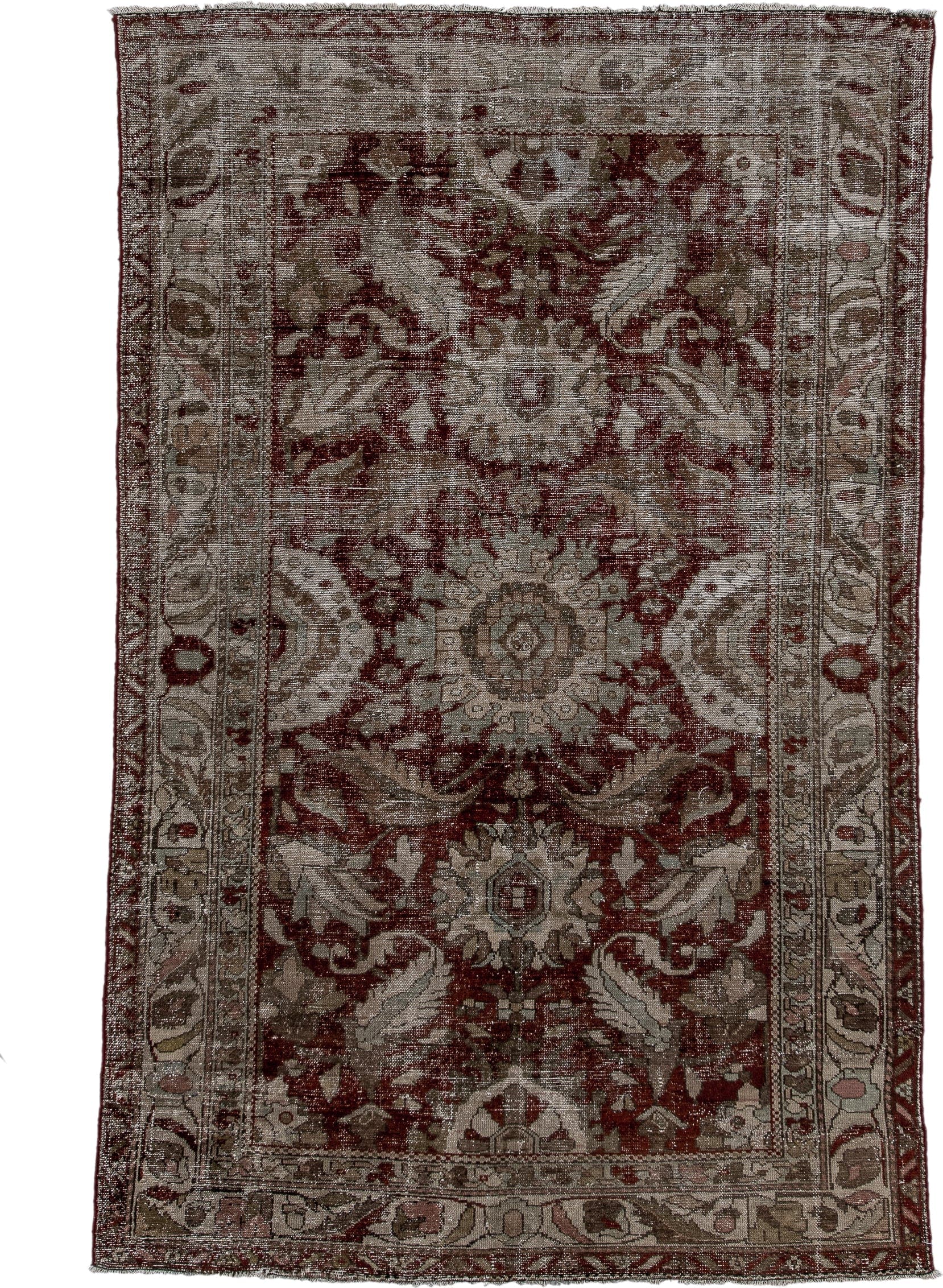 4' x 6' one-of-a-kind handmade vintage Malayer small size rug. Color palette: taupe, burgundy, ivory, brown, rose, charcoal