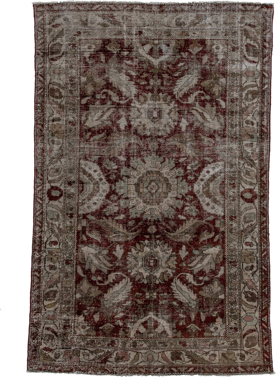 4' x 6' one-of-a-kind handmade vintage Malayer small size rug. Color palette: taupe, burgundy, ivory, brown, rose, charcoal