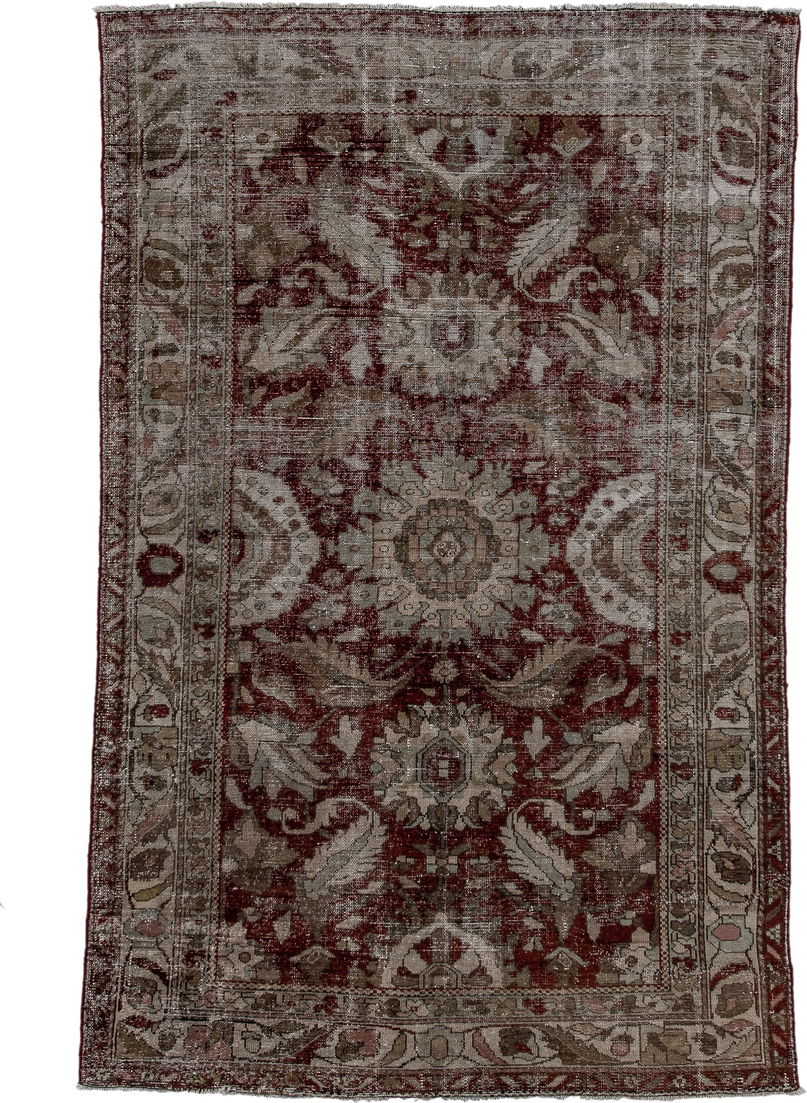 4' x 6' one-of-a-kind handmade vintage Malayer small size rug. Color palette: taupe, burgundy, ivory, brown, rose, charcoal