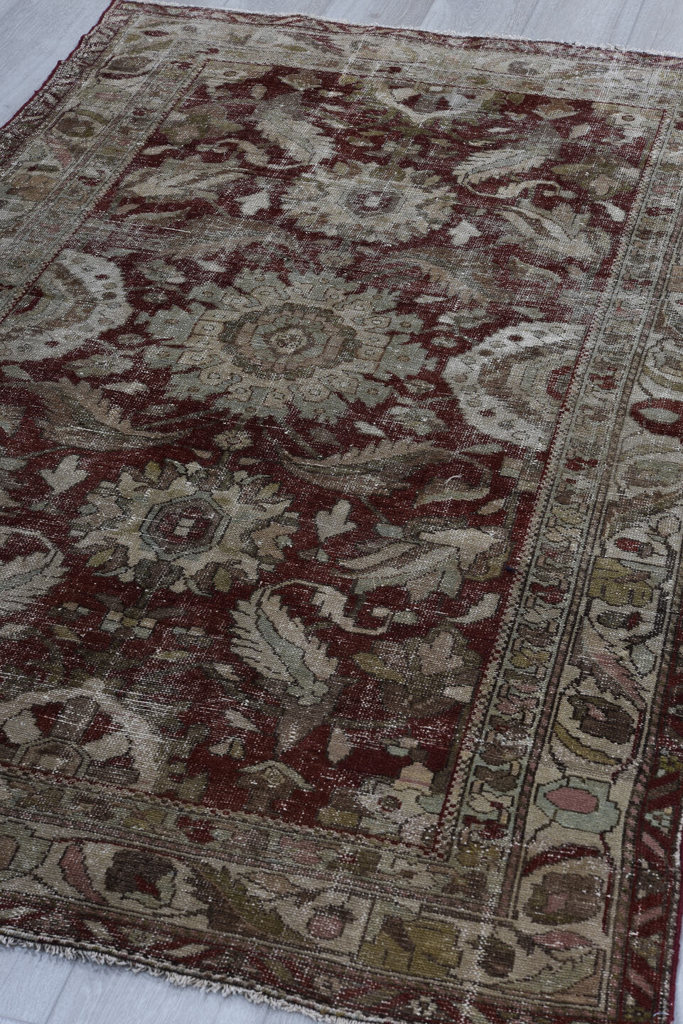 4' x 6' one-of-a-kind handmade vintage Malayer small size rug. Color palette: taupe, burgundy, ivory, brown, rose, charcoal