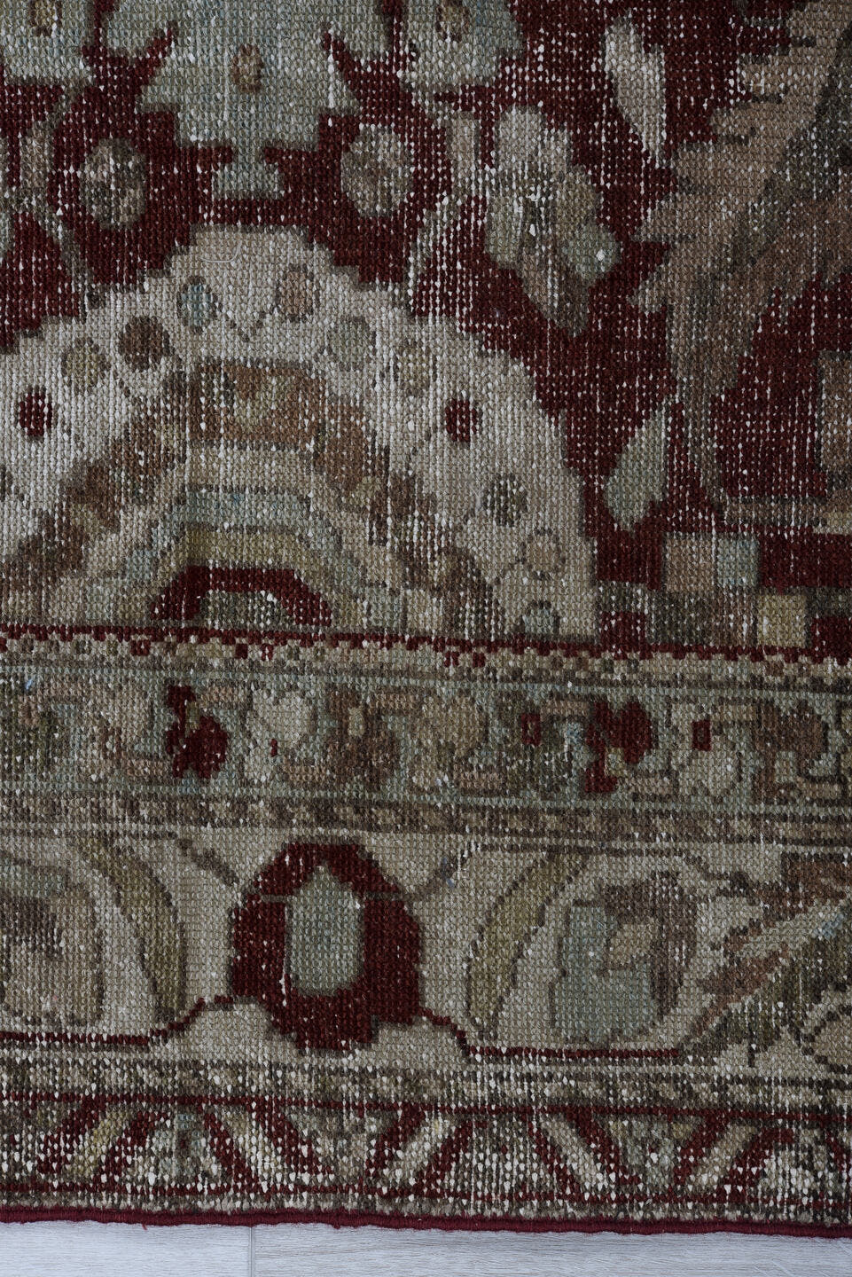 4' x 6' one-of-a-kind handmade vintage Malayer small size rug. Color palette: taupe, burgundy, ivory, brown, rose, charcoal