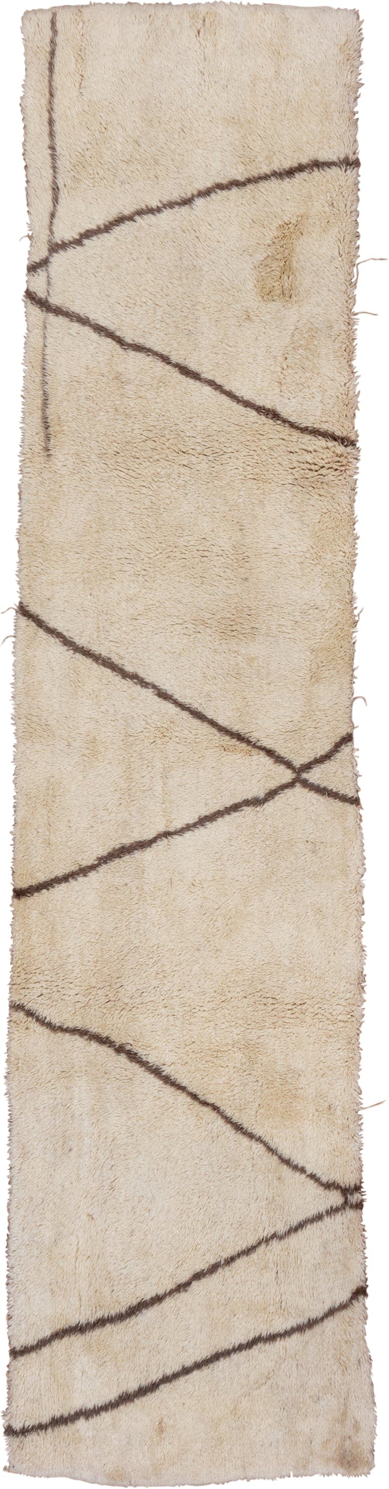 2' x 12' one-of-a-kind handmade vintage Moroccan runner rug. Color palette: ivory, brown, cream, taupe, beige, gray